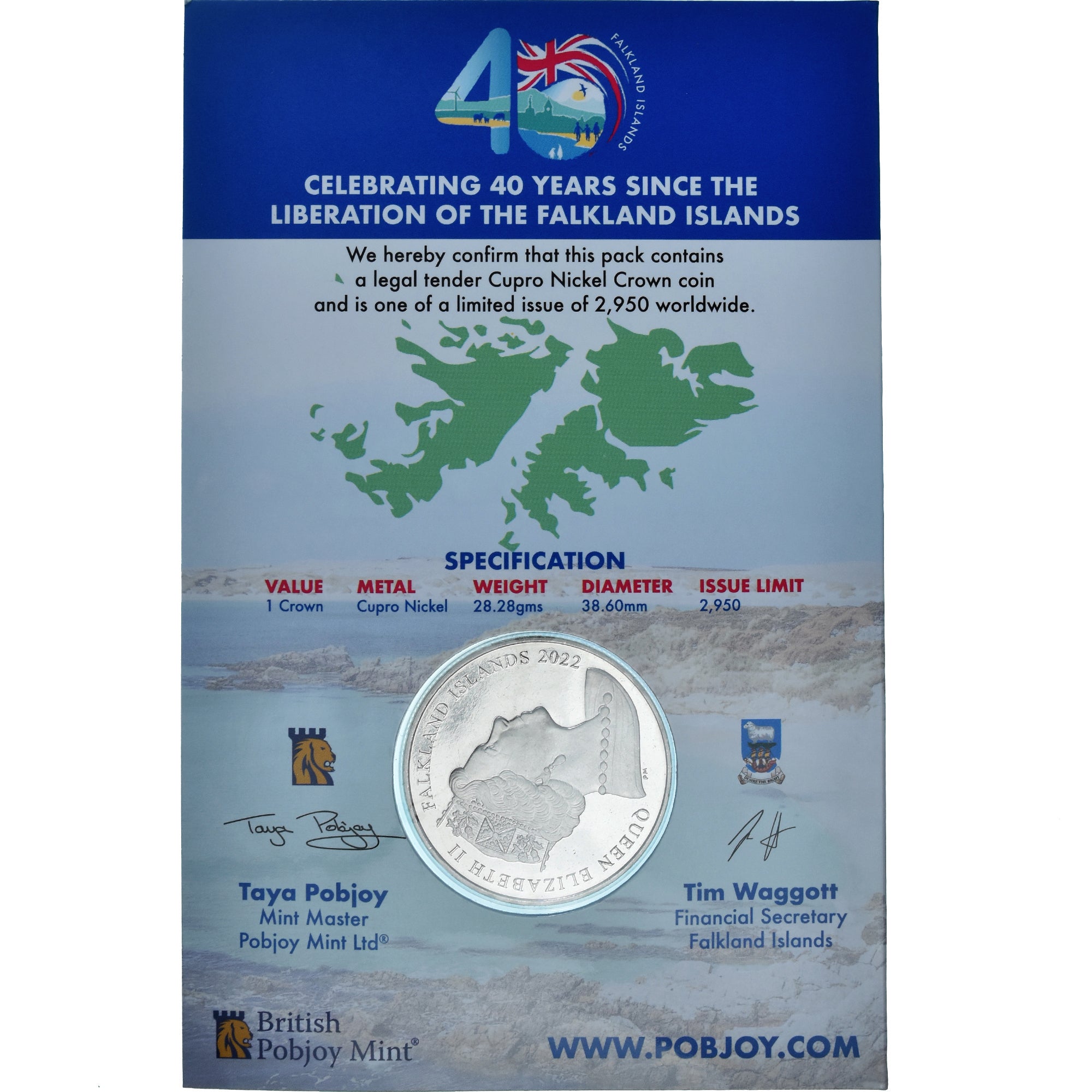 Moeda, Ilhas Falkland, Crown, 2022, Pobjoy Mint, 40TH ANNIVERSARY OF THE