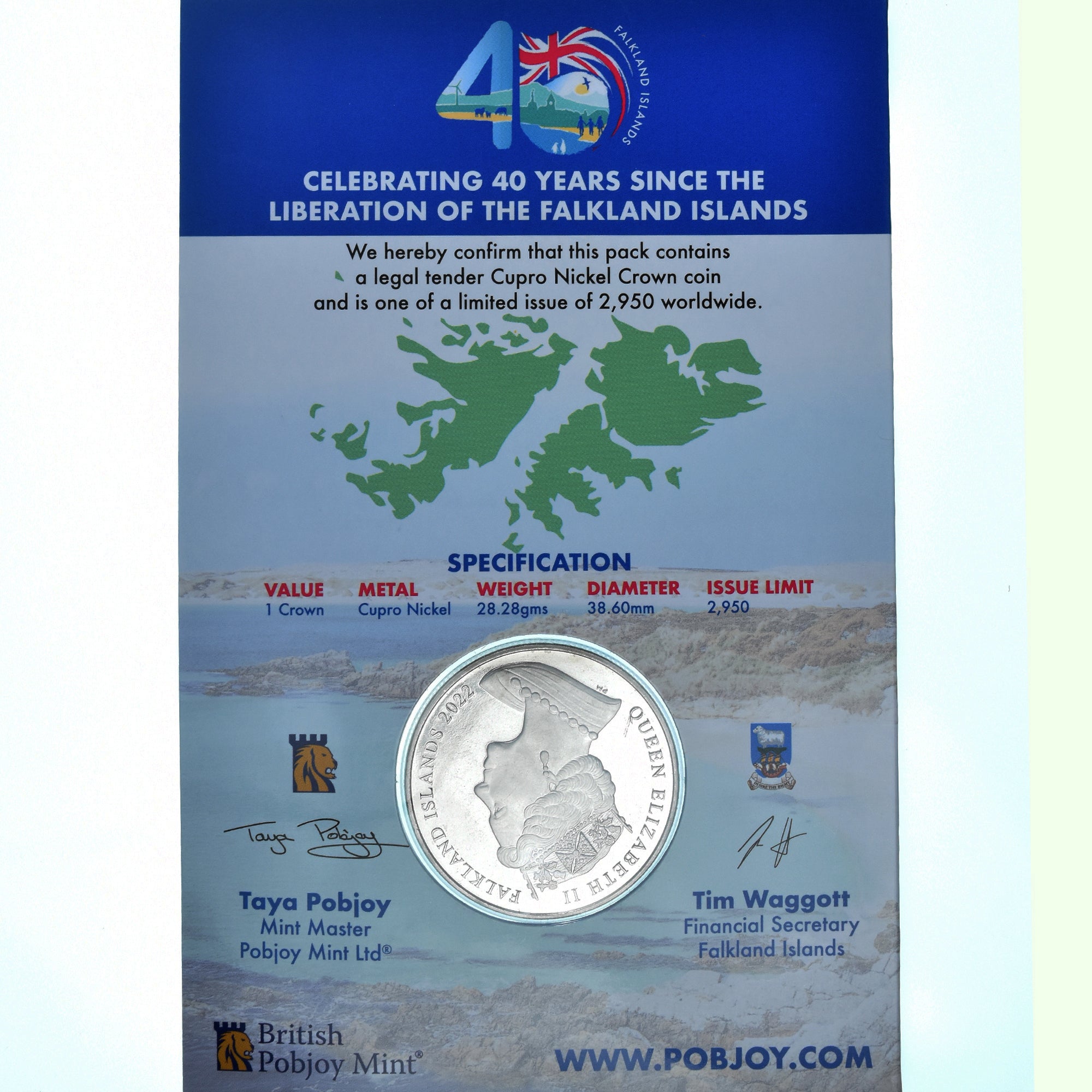 Moneda, Islas Malvinas, Crown, 2022, Pobjoy Mint, 40TH ANNIVERSARY OF THE