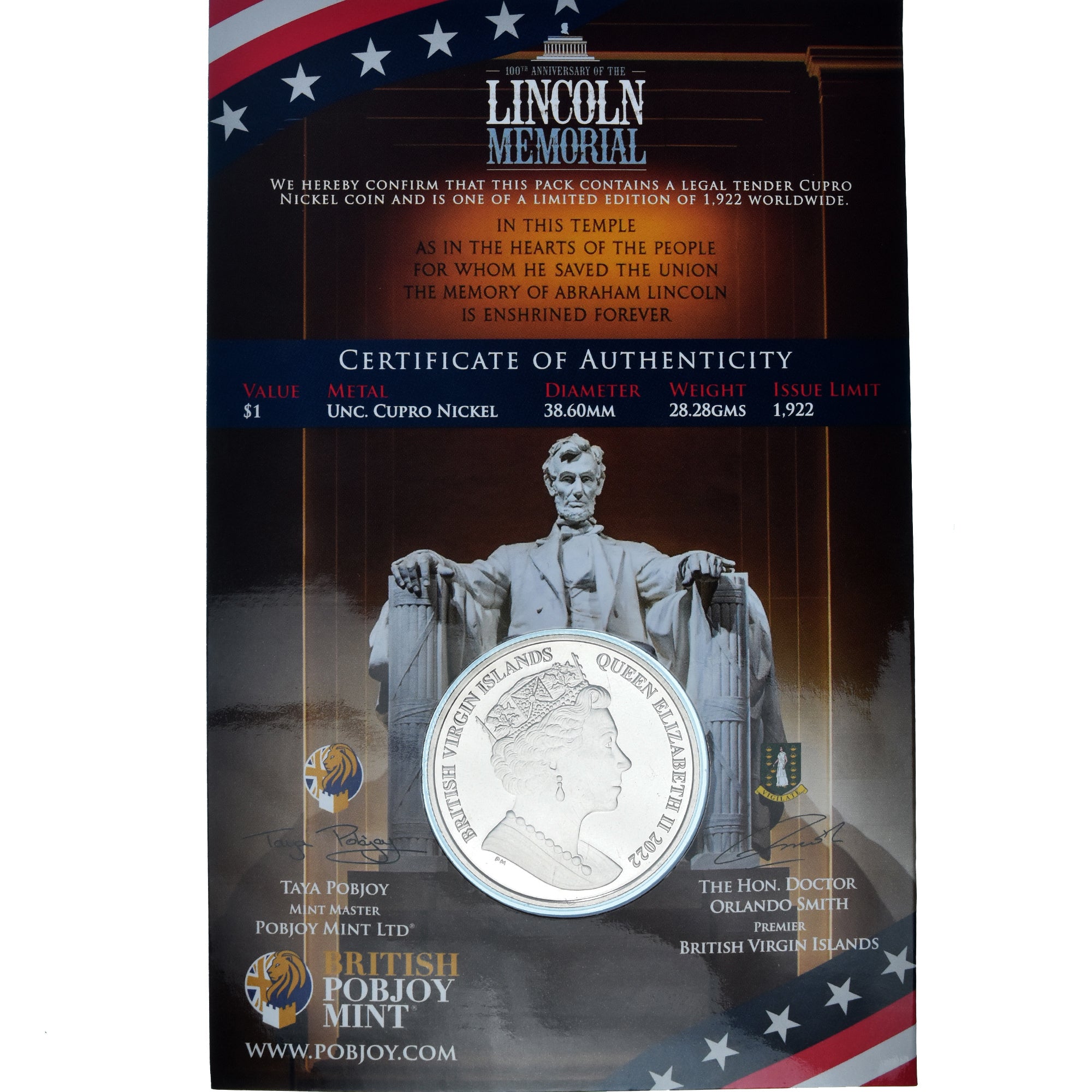 Coin, BRITISH VIRGIN ISLANDS, Dollar, 2022, Pobjoy Mint, Lincoln Memorial.FDC