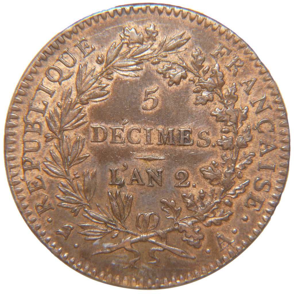 FRANCE, 5 Décimes, 1793, Paris, AU(55-58), Bronze, Gadoury #390, 24.80