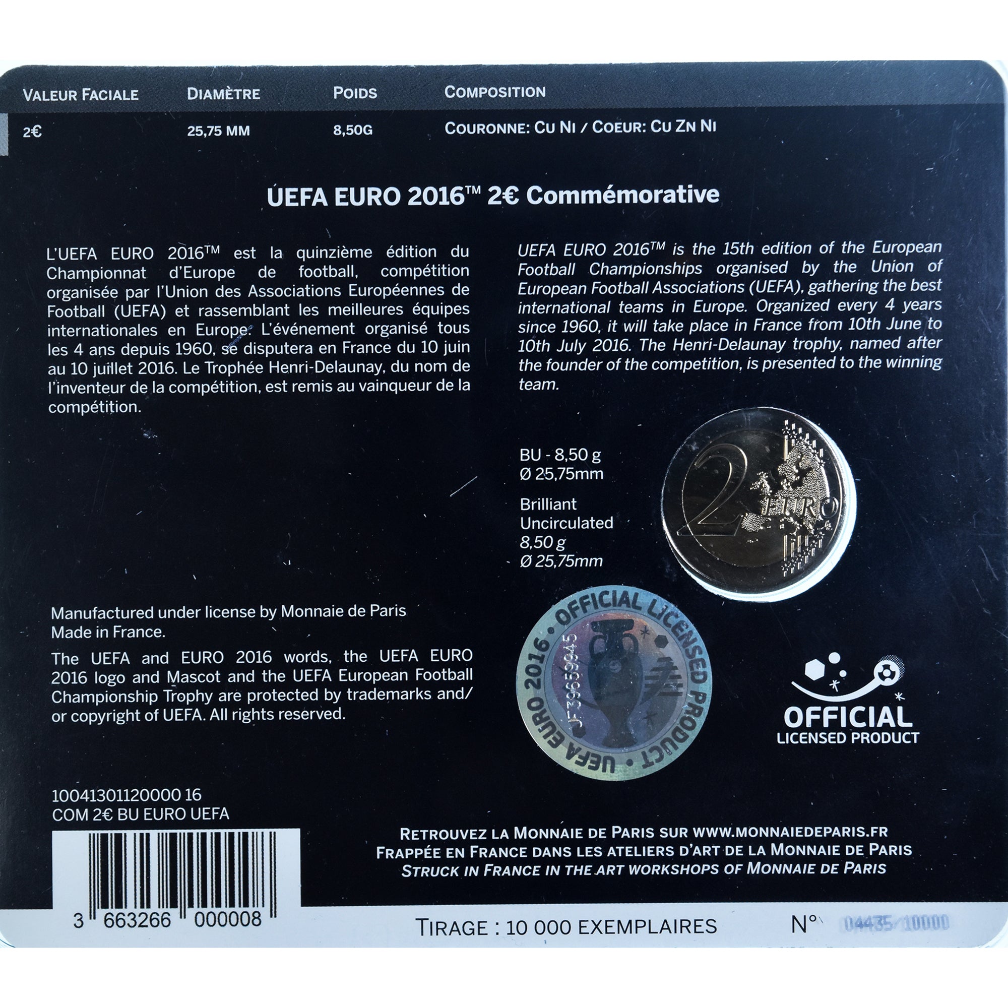 France, Monnaie de Paris, 2 Euro, UEFA Euro 2016, 2016, Paris, MS(65-70)
