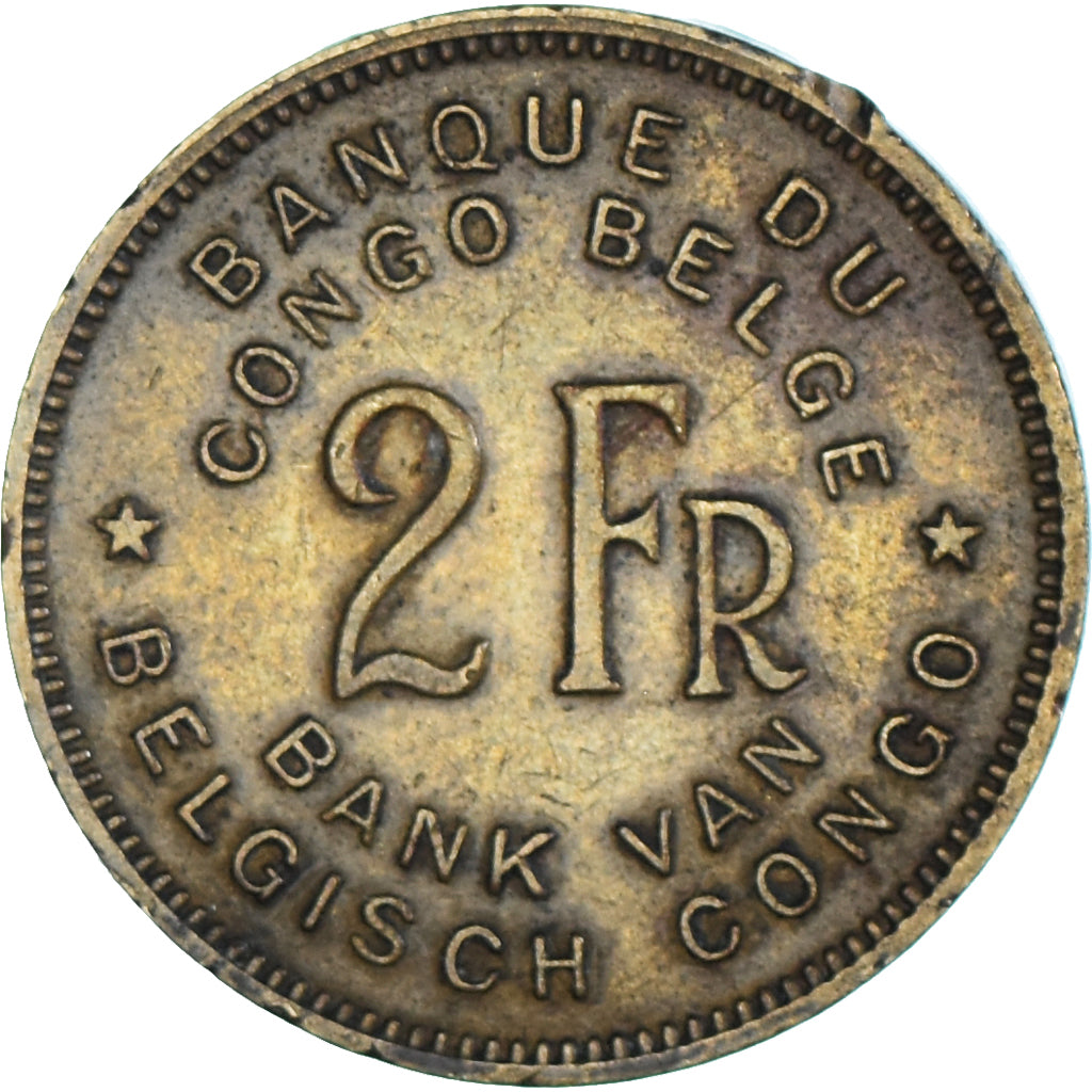 Coin, Belgian Congo, 2 Francs, 1946, EF(40-45), Brass, KM:28