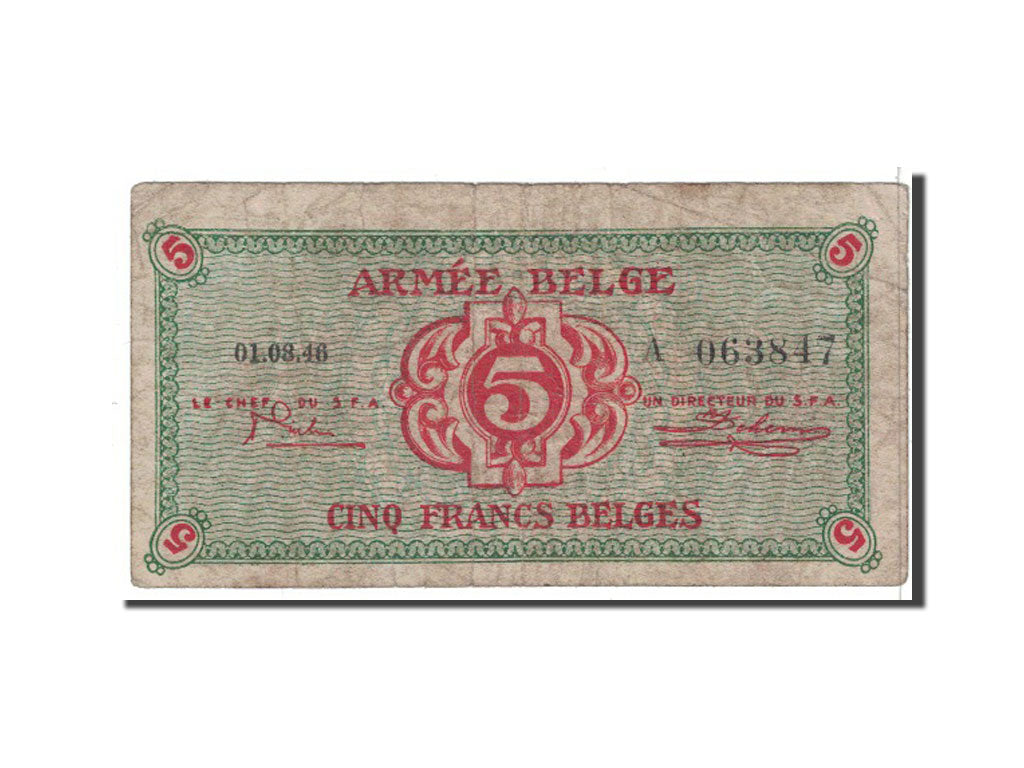 Belgium, 5 Francs, 1946, KM:M3a, VG(8-10)