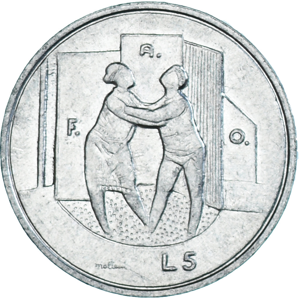 Moeda, San Marino, 5 Lire, 1976, Rome, AU(55-58), Alumínio, KM:53