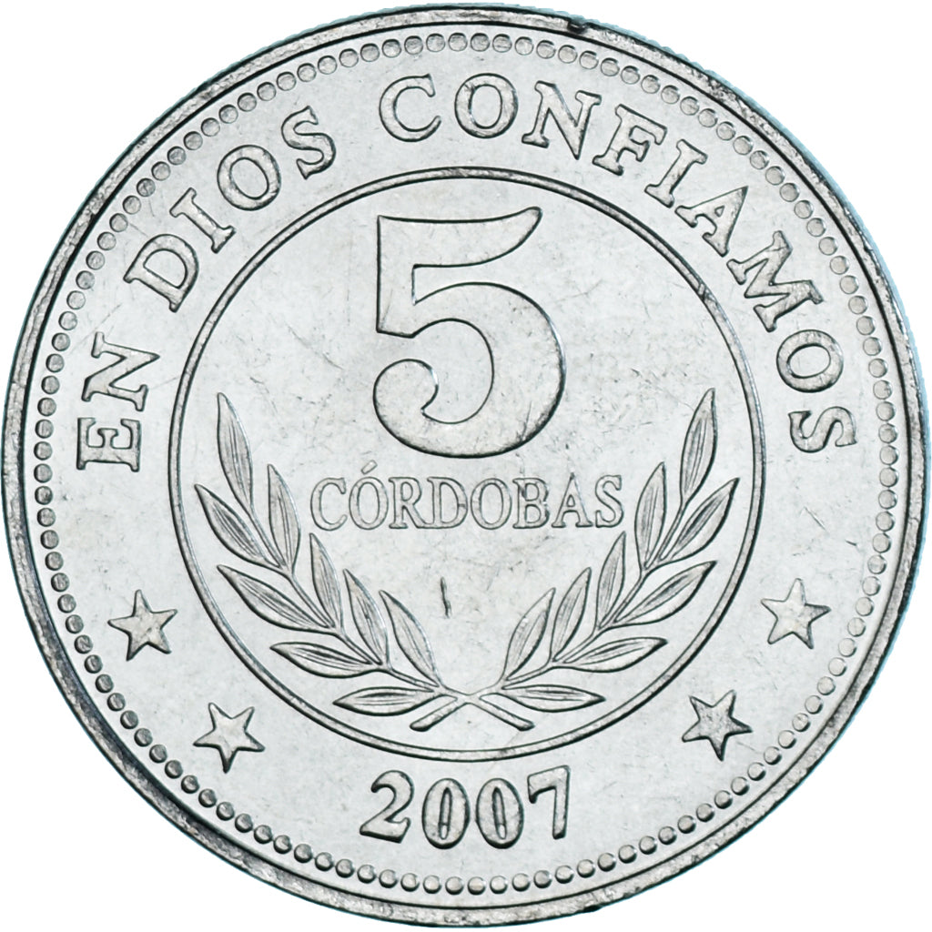 Moneda, Nicaragua, 5 Cordobas, 2007, SC, Níquel chapado en acero, KM:90a