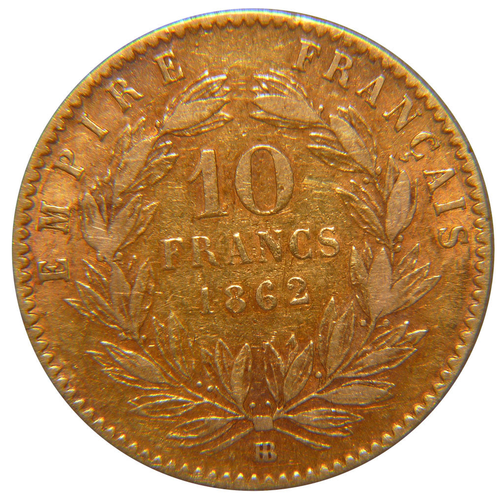 FRANCE, Napoléon III, 10 Francs, 1862, Strasbourg, VF(30-35), Gold, Gadoury #...