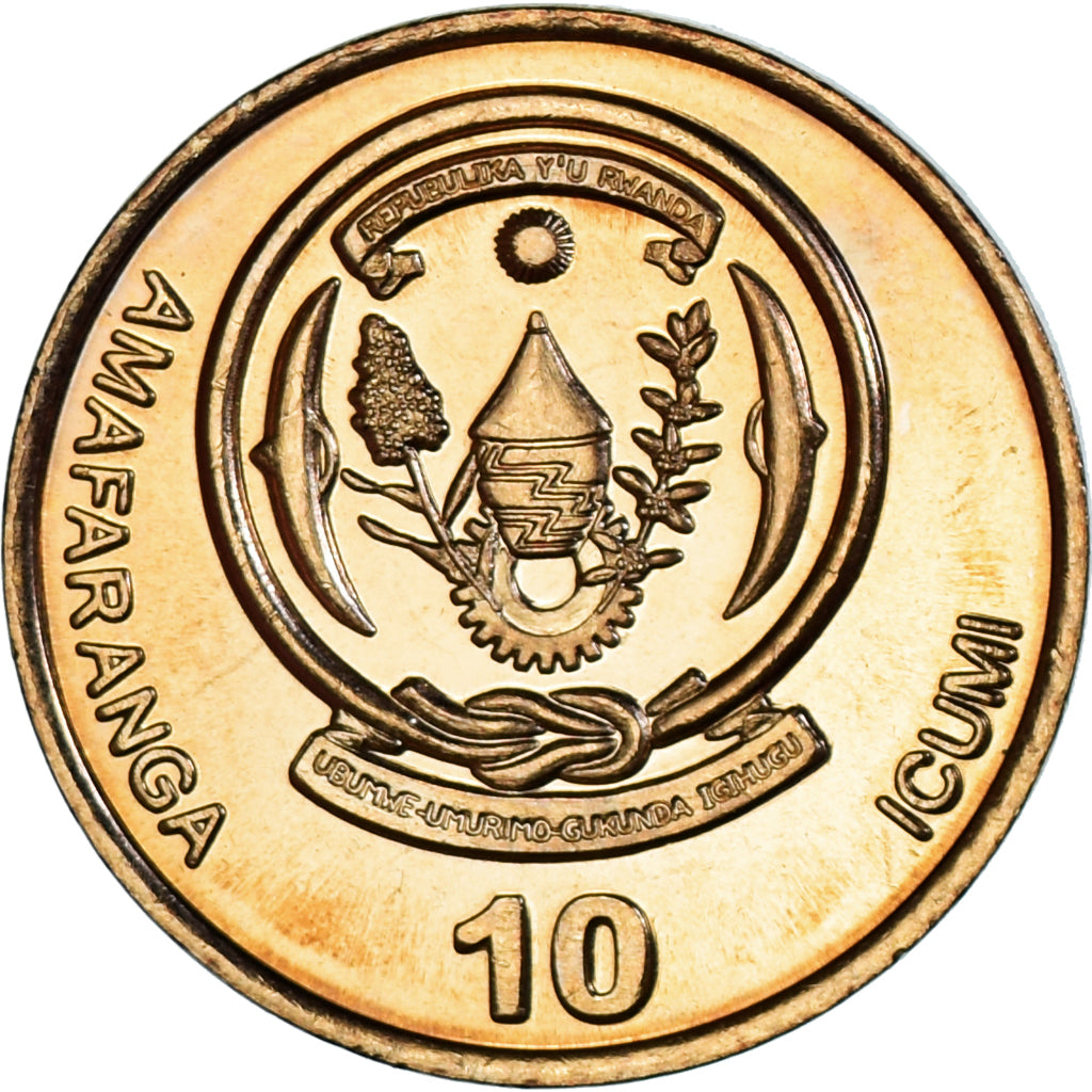 Moneta, Ruanda, 10 Francs, 2003, MS(63), Mosiądz platerowany stalą, KM:24