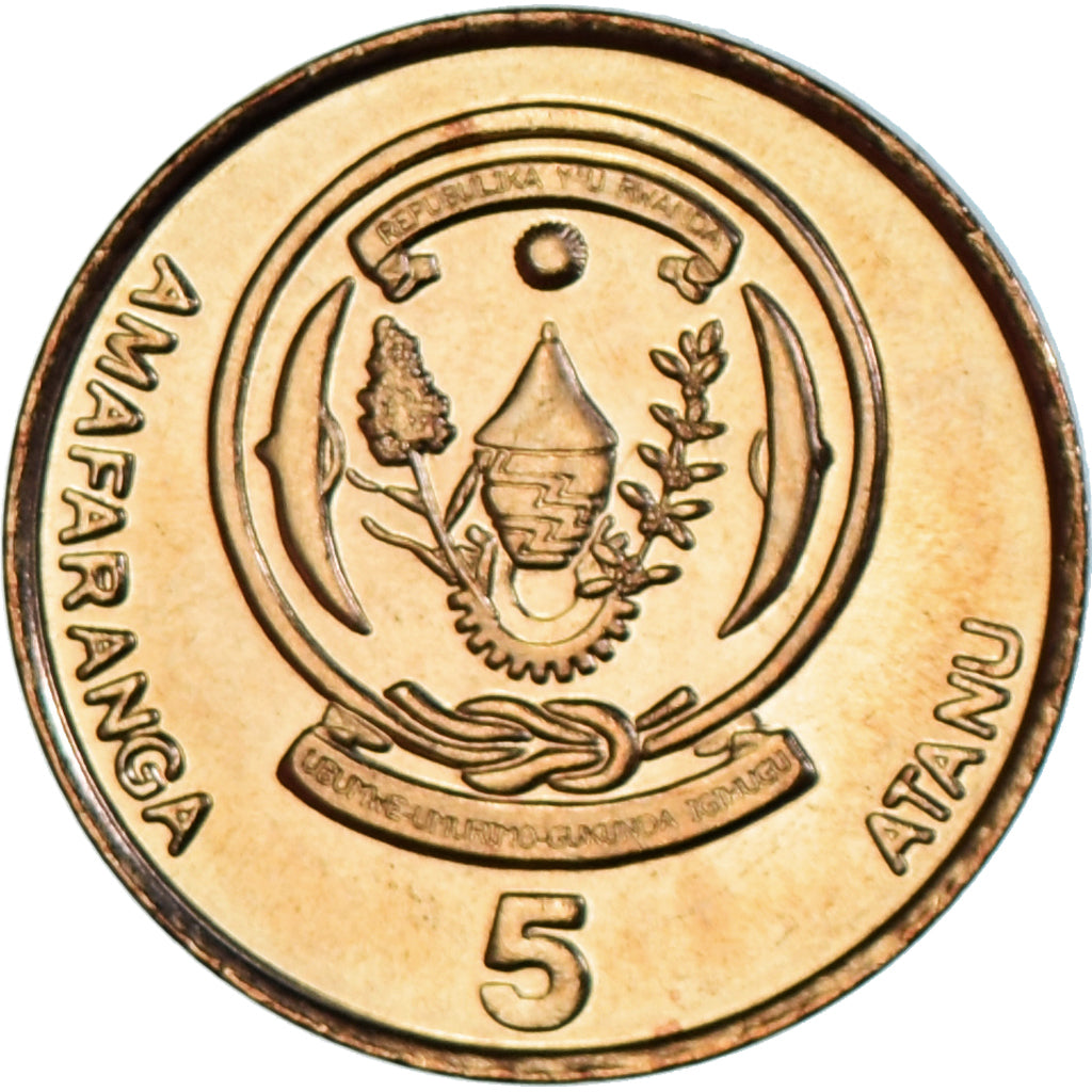 Moneta, Ruanda, 5 Francs, 2003, MS(63), Mosiądz platerowany stalą, KM:23