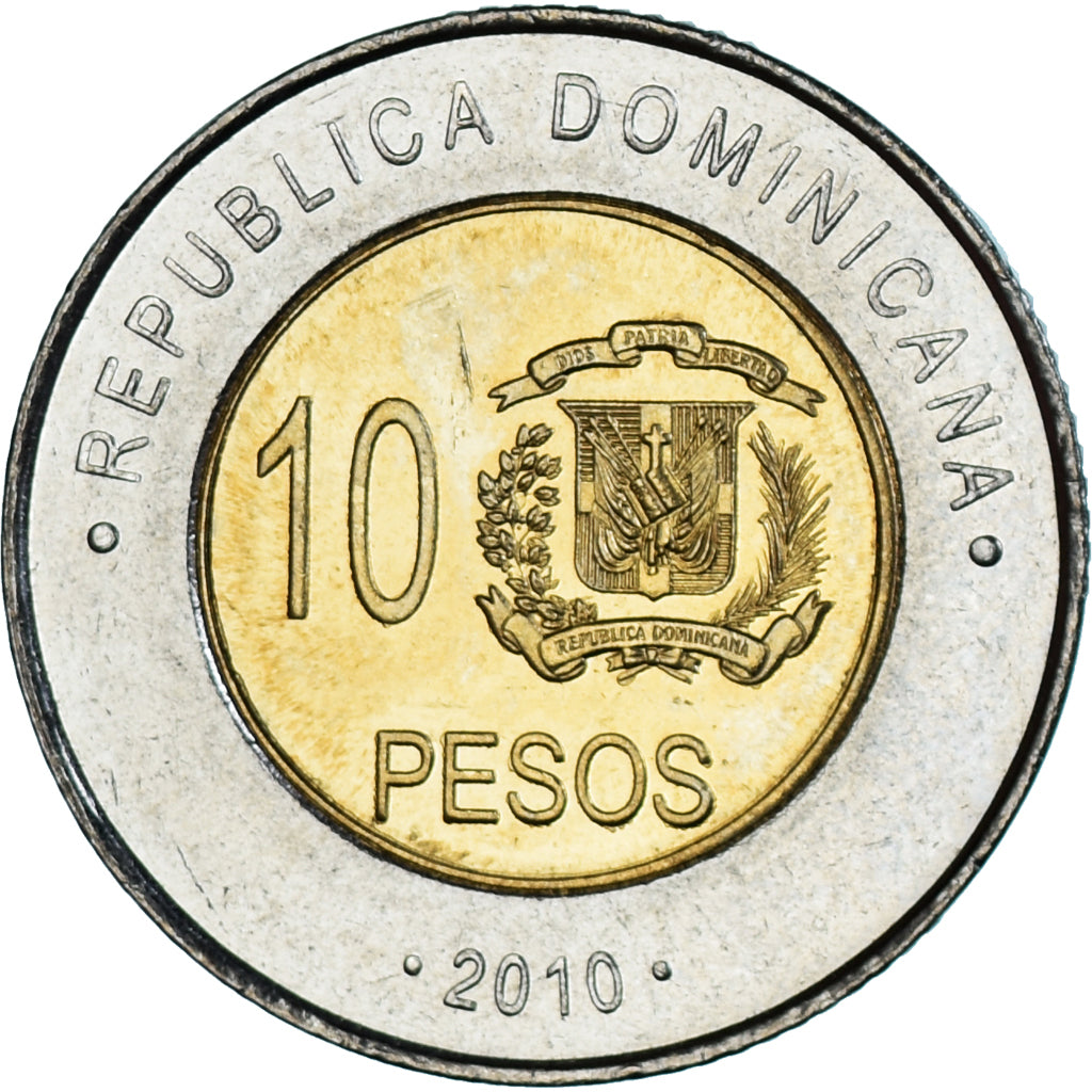 Coin, Dominican Republic, 10 Pesos, 2010, MS(63), Bi-Metallic, KM:106