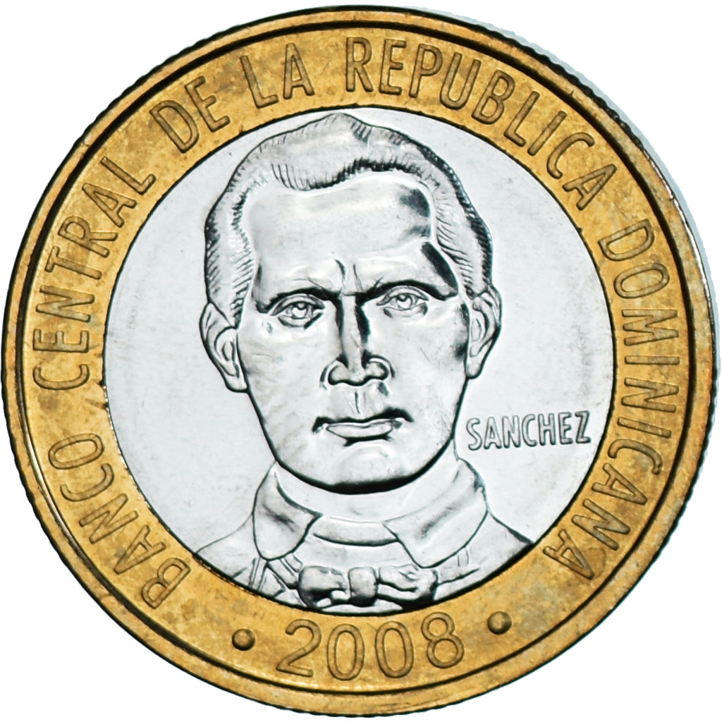 Moneta, Republika Dominikany, 5 Pesos, 2008, MS(63), Bimetaliczny, KM:89
