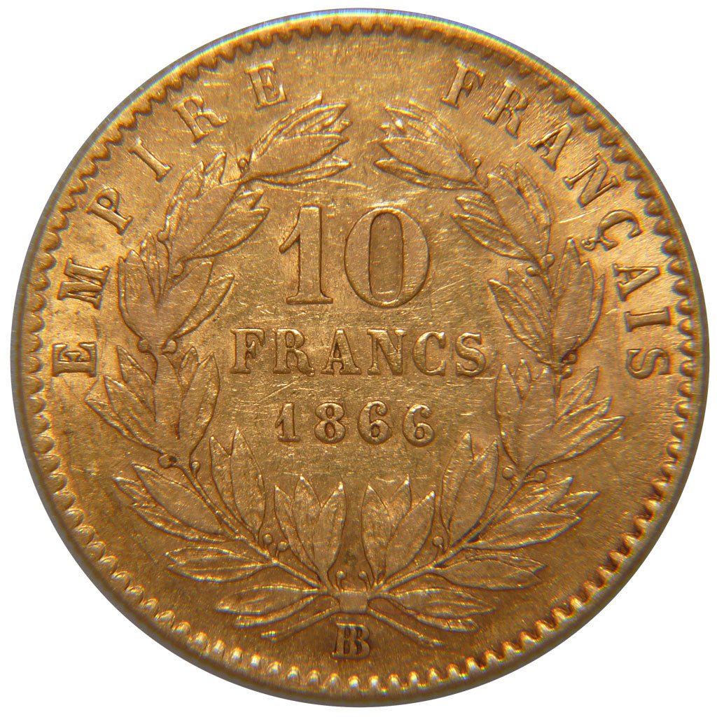 FRANCE, Napoléon III, 10 Francs, 1866, Strasbourg, EF(40-45), Gold, Gadoury #...