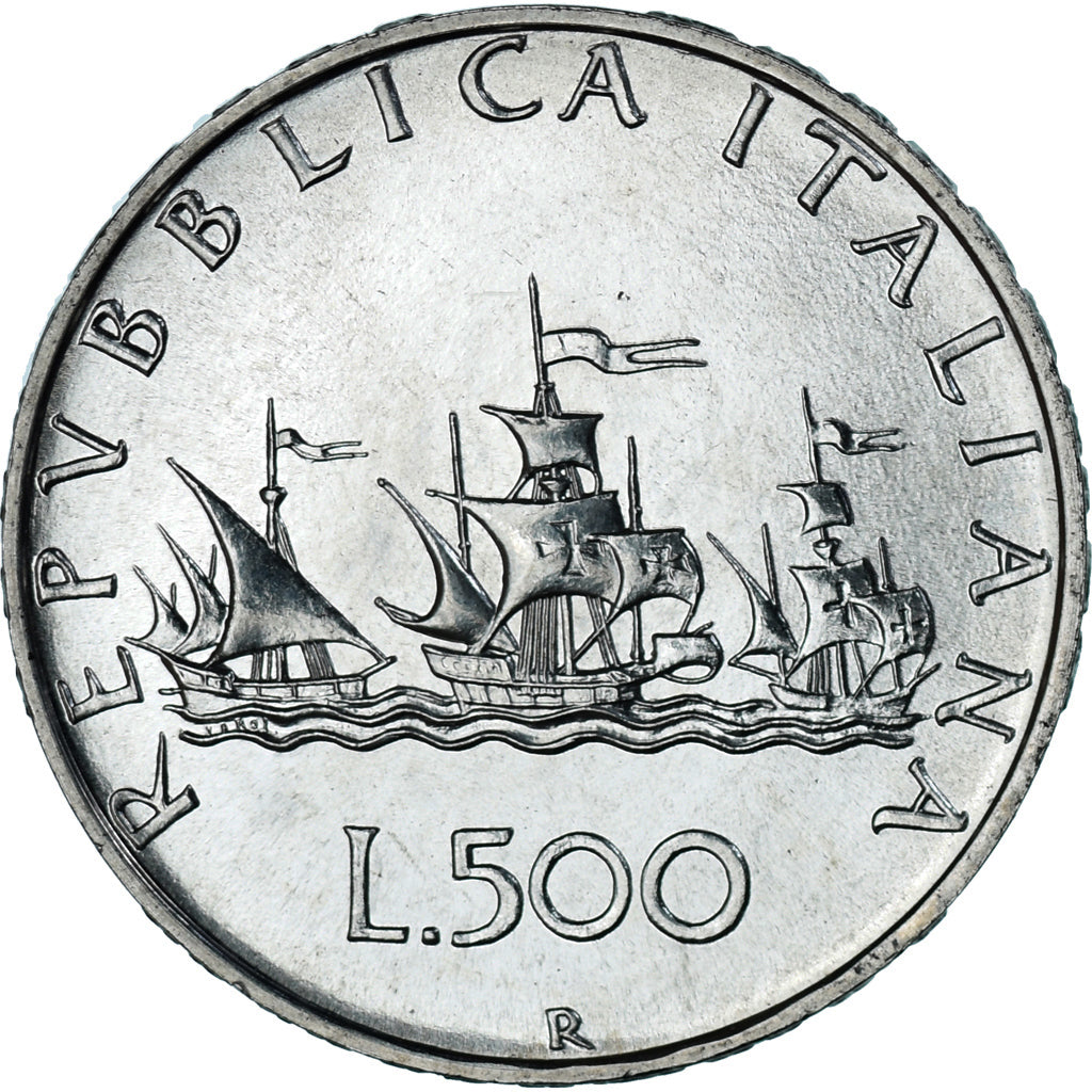 Coin, Italy, 500 Lire, 1982, Rome, “caravelles” BU, MS(63), Silver, KM:98