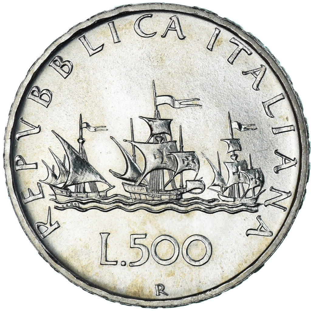 Coin, Italy, 500 Lire, 1989, Rome, “caravelles” BU, MS(63), Silver, KM:98