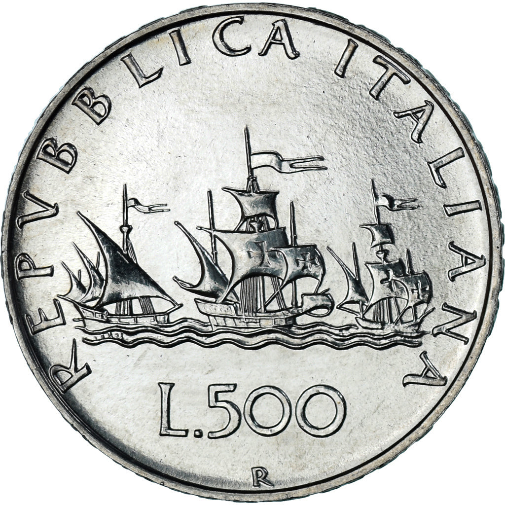 Coin, Italy, 500 Lire, 1982, Rome, “caravelles” BU, MS(63), Silver, KM:98