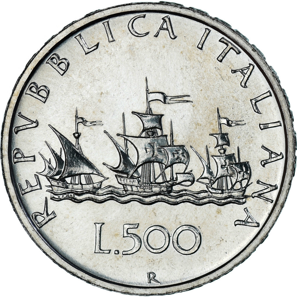 Coin, Italy, 500 Lire, 1990, Rome, “caravelles” BU, AU(55-58), Silver, KM:98