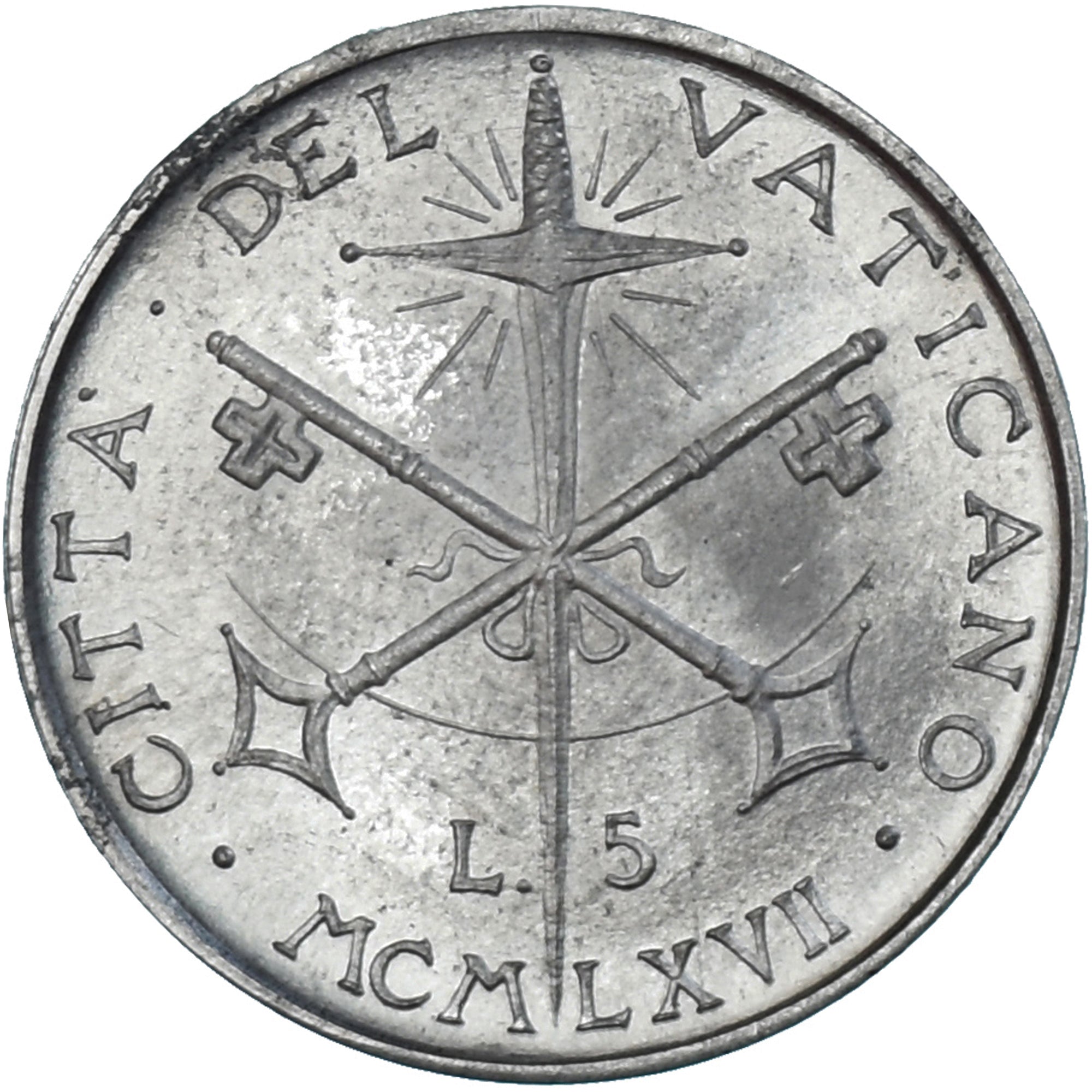 Moneda, CIUDAD DEL VATICANO, Paul VI, 5 Lire, 1967, SC, Aluminio, KM:94