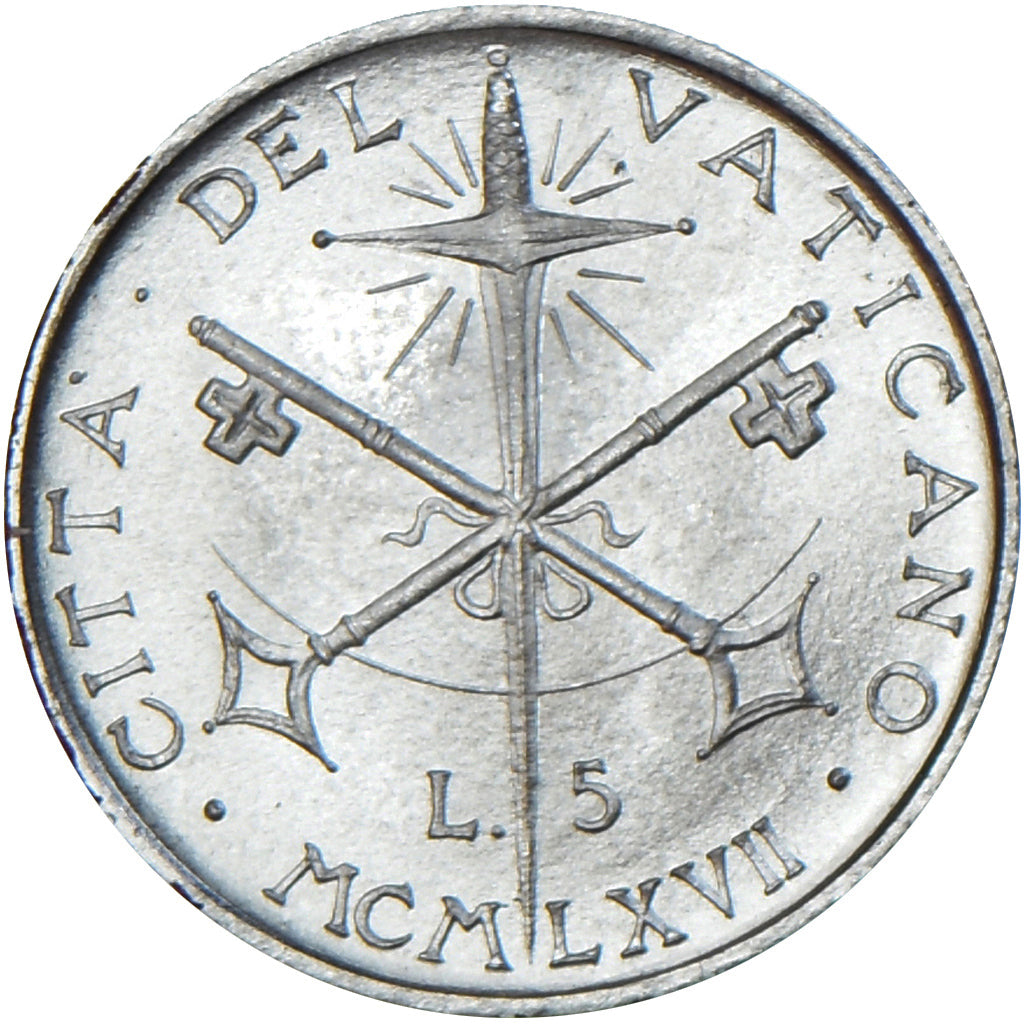 Coin, VATICAN CITY, Paul VI, 5 Lire, 1967, MS(63), Aluminum, KM:94
