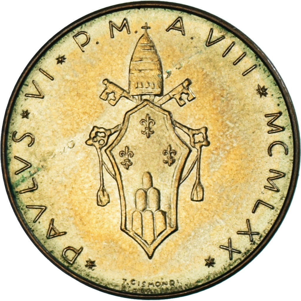 Moeda, CIDADE DO VATICANO, Paul VI, 20 Lire, 1970, MS(63), Alumínio-Bronze