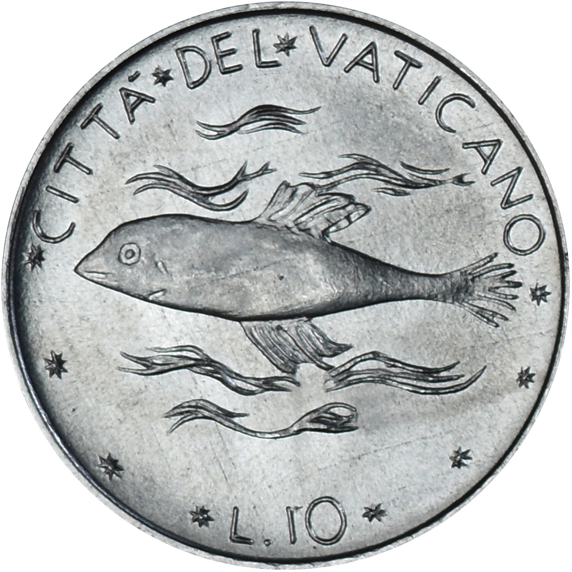 Moneda, CIUDAD DEL VATICANO, Paul VI, 10 Lire, 1974, SC, Aluminio, KM:119