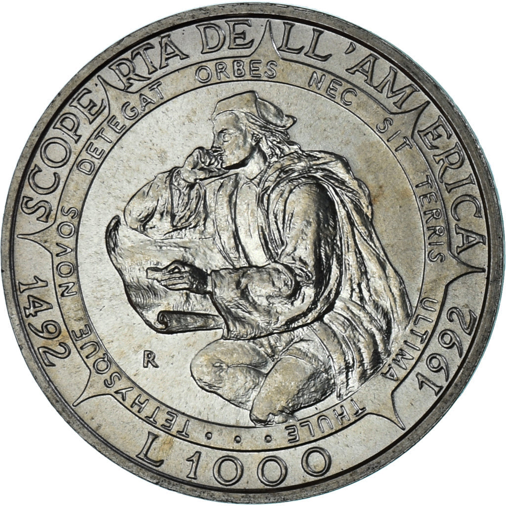 Coin, San Marino, 1000 Lire, 1992, Rome, Columbus studying chart, MS(63)