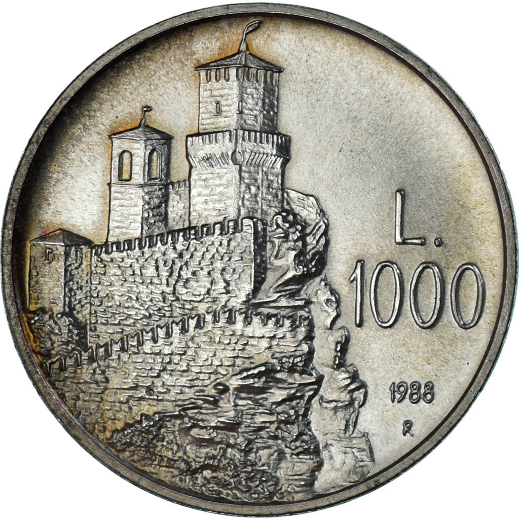 Coin, San Marino, 1000 Lire, 1988, Rome, Fortifications, MS(63), Silver, KM:227
