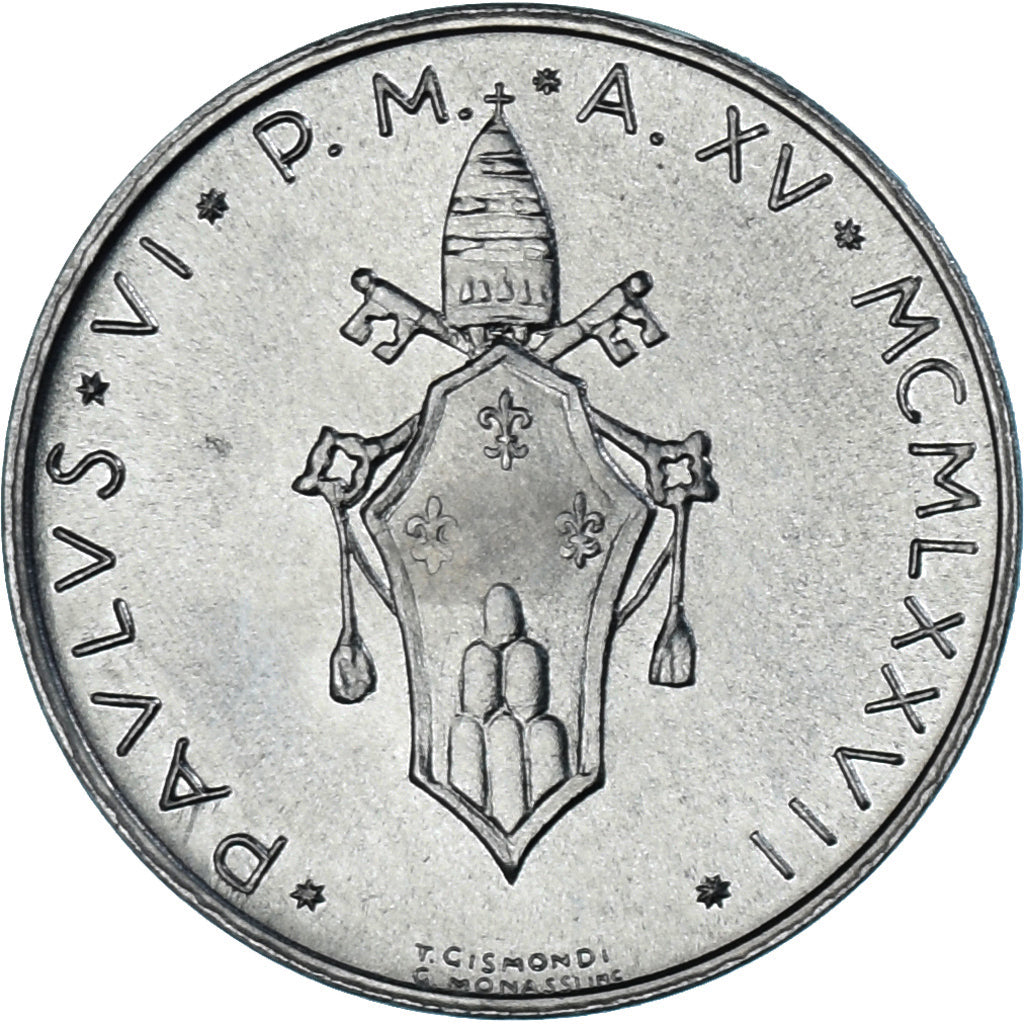 Moneda, CIUDAD DEL VATICANO, Paul VI, 10 Lire, 1977, Roma, SC, Aluminio, KM:119