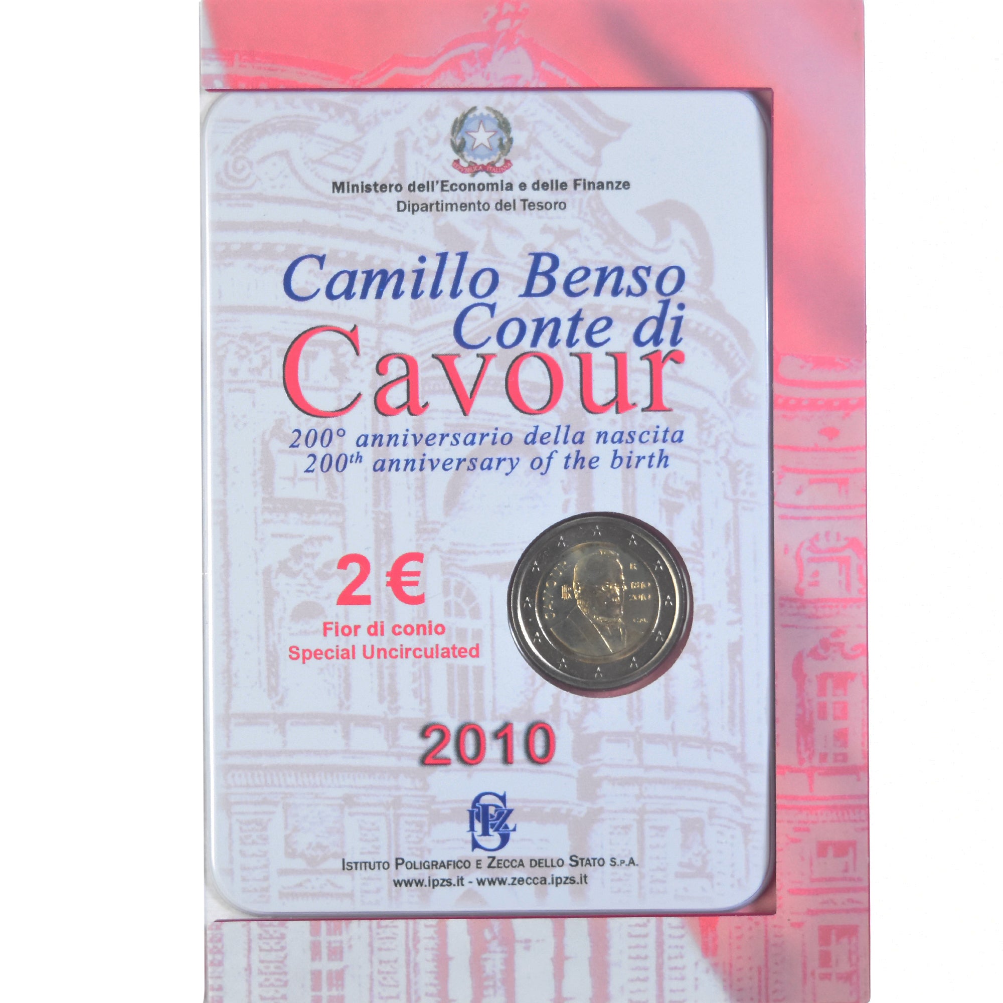 Italia, 2 Euro, Camillo Benso comte di Cavour, 2010, Rome, Special Unc., FDC