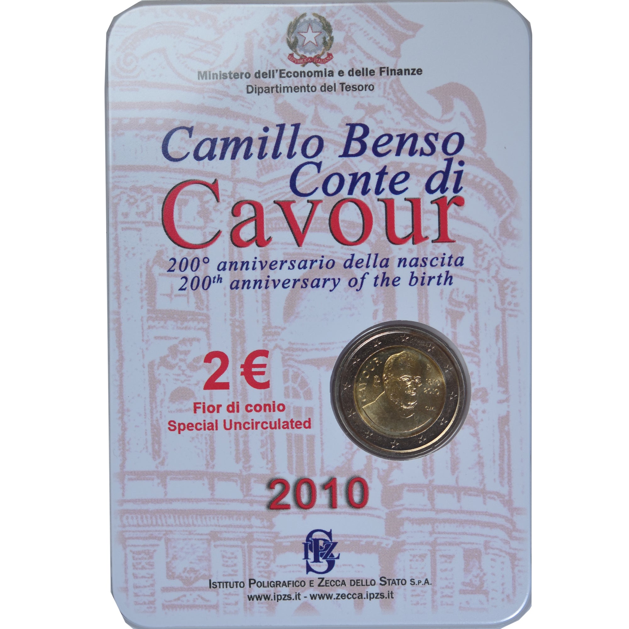 Italia, 2 Euro, Camillo Benso comte di Cavour, 2010, Rome, Special Unc., FDC