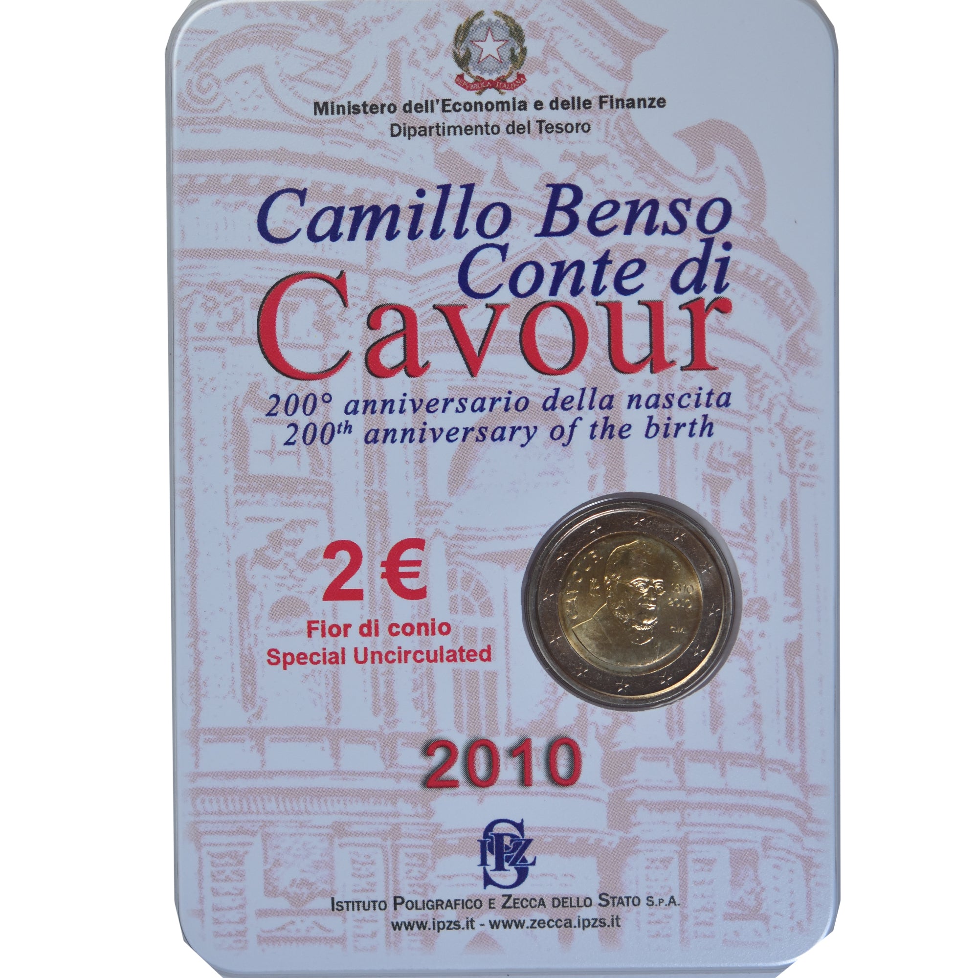 Italia, 2 Euro, Camillo Benso comte di Cavour, 2010, Rome, Special Unc., FDC