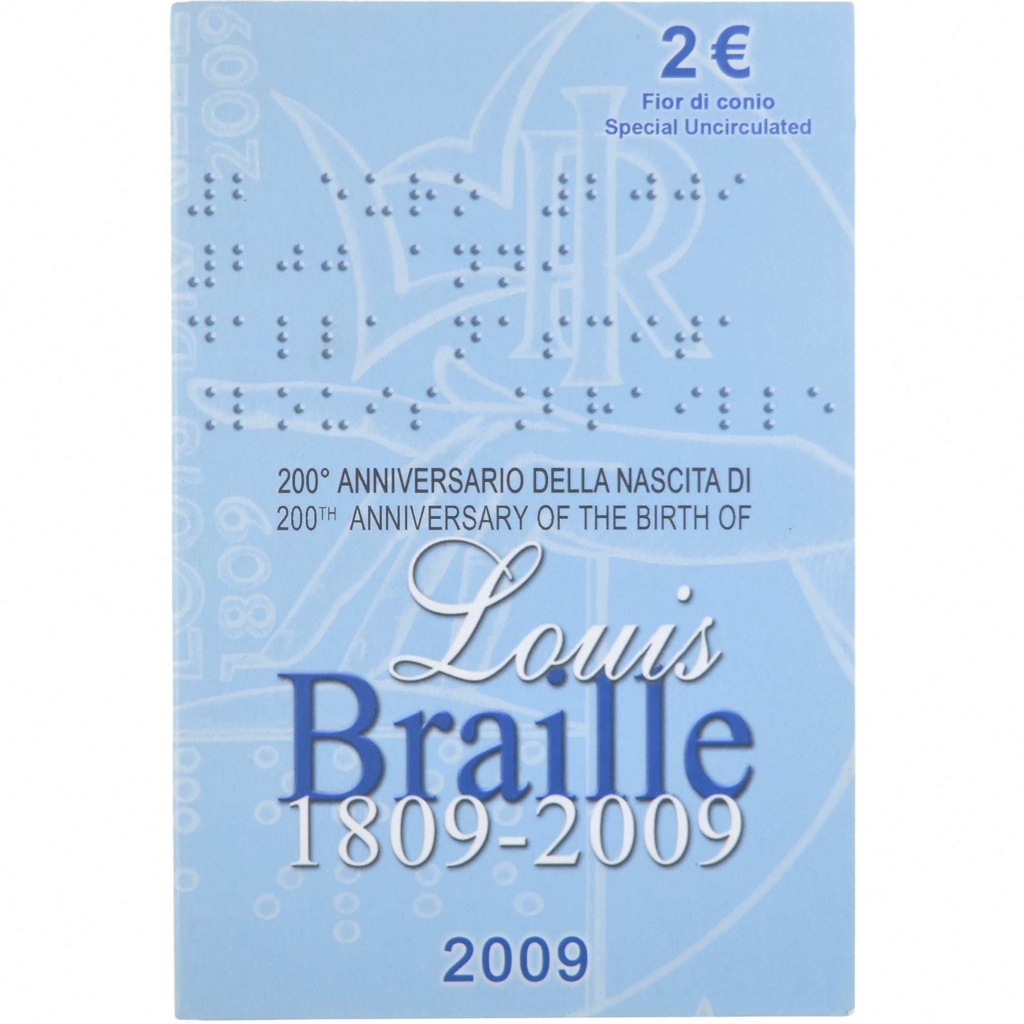 Moneda, Italia, 2 Euro, 2009, Rome, LOUIS BRAILLE., FDC, Bimetálico, KM:310