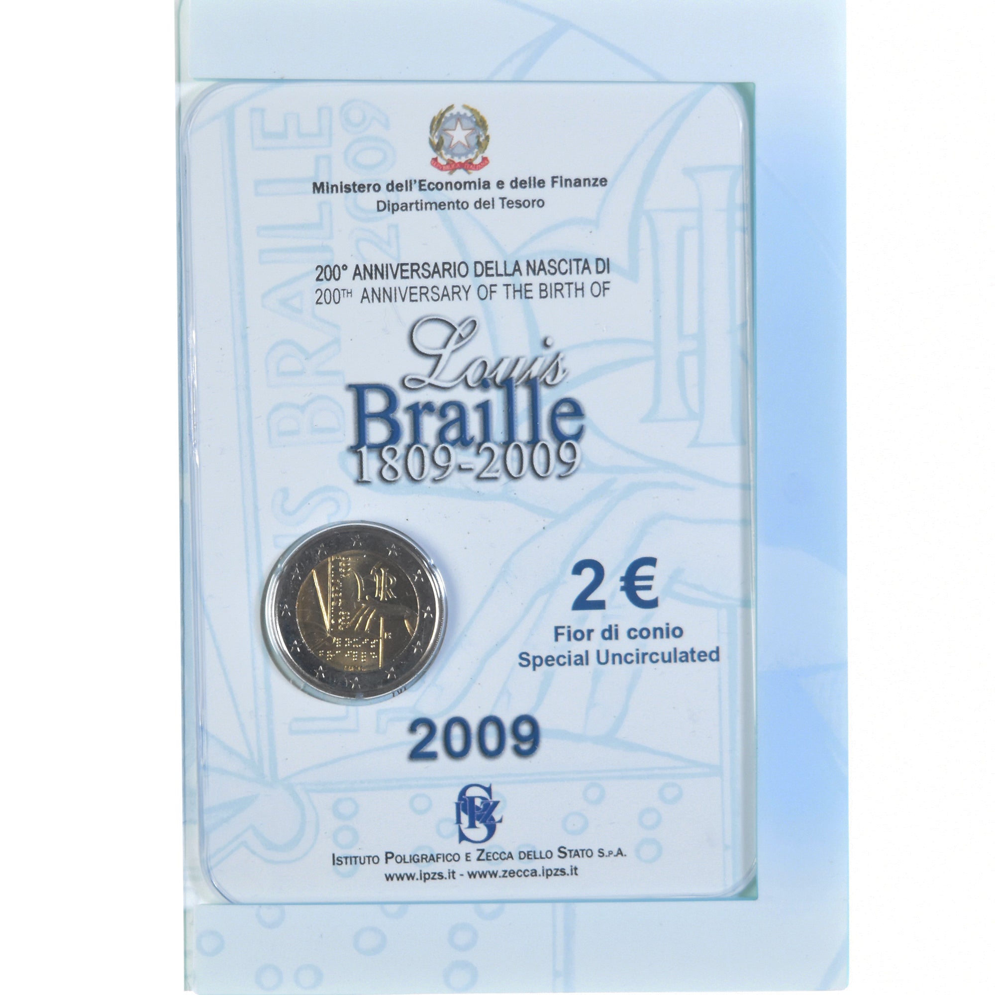 Moneda, Italia, 2 Euro, 2009, Rome, LOUIS BRAILLE., FDC, Bimetálico, KM:310