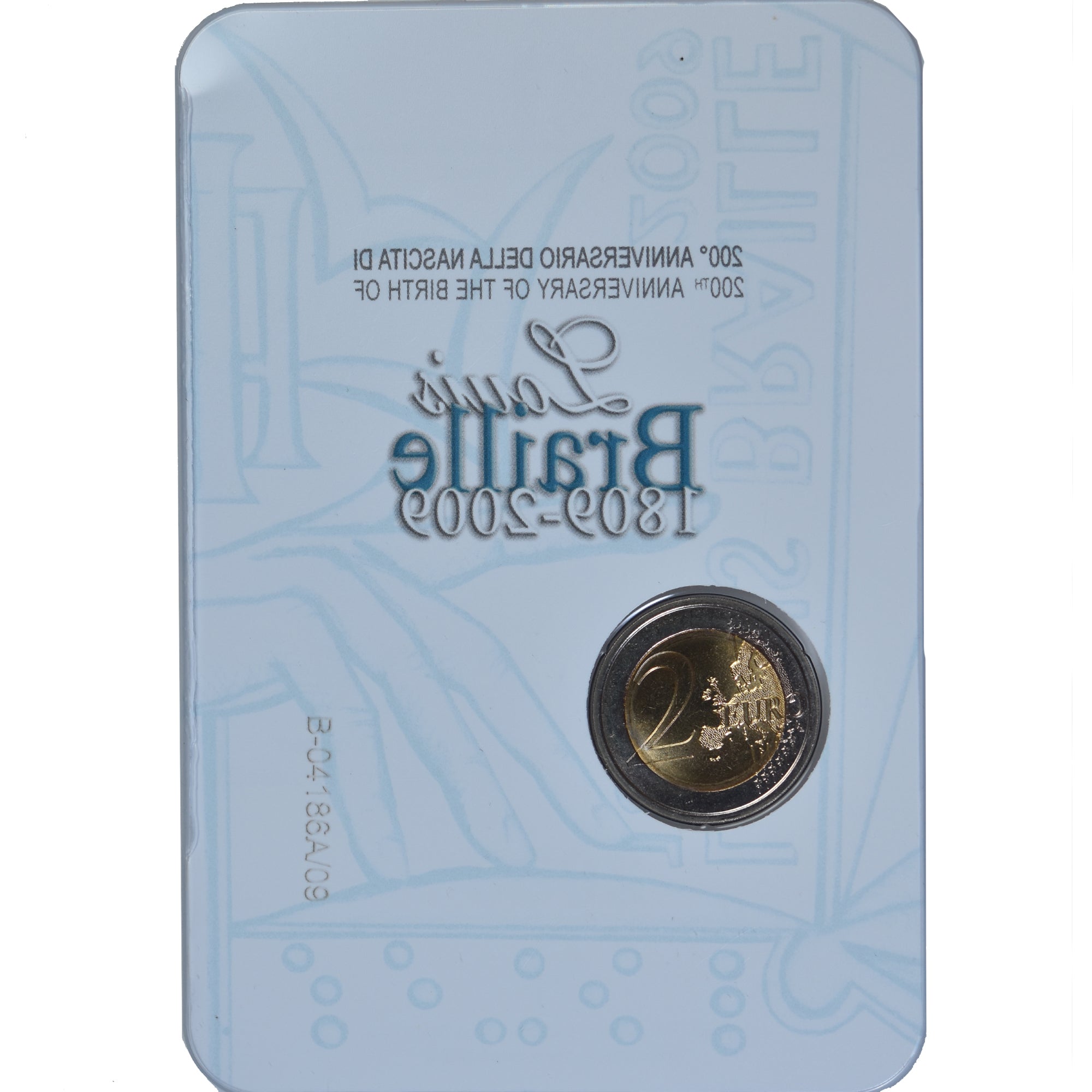 Moneta, Włochy, 2 Euro, 2009, Rome, LOUIS BRAILLE., MS(65-70), Bimetaliczny