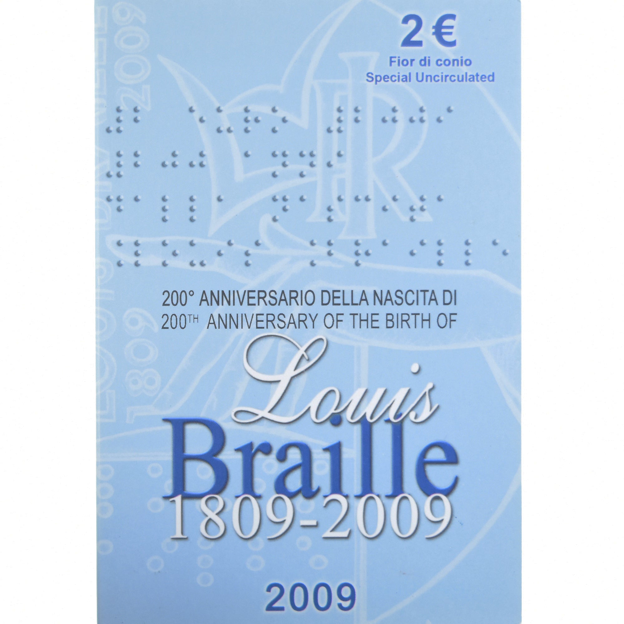 Moeda, Itália, 2 Euro, 2009, Rome, LOUIS BRAILLE., MS(65-70), Bimetálico