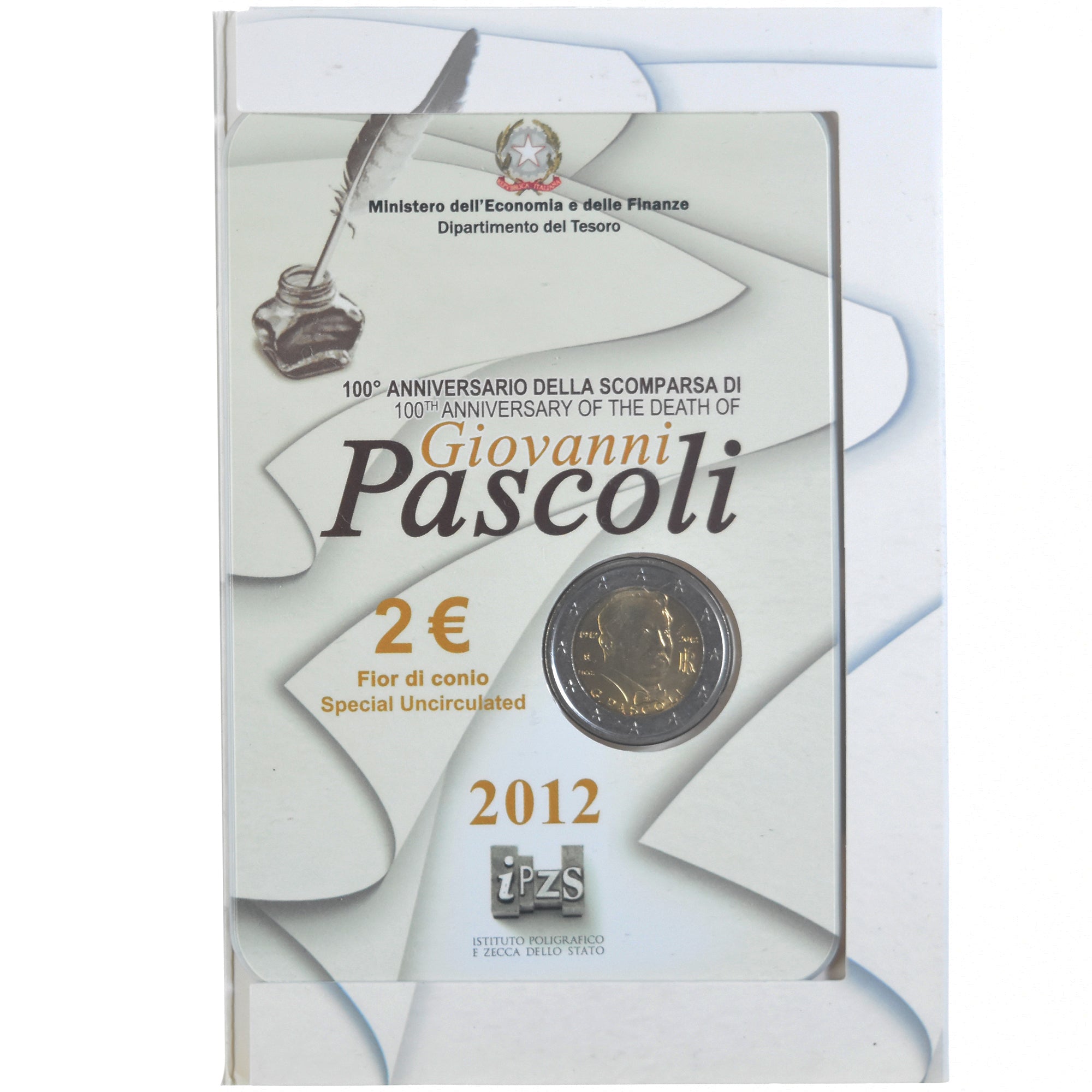 Italia, 2 Euro, Giovanni Pascoli, 2012, Rome, Special Unc., FDC, Bi-metallico