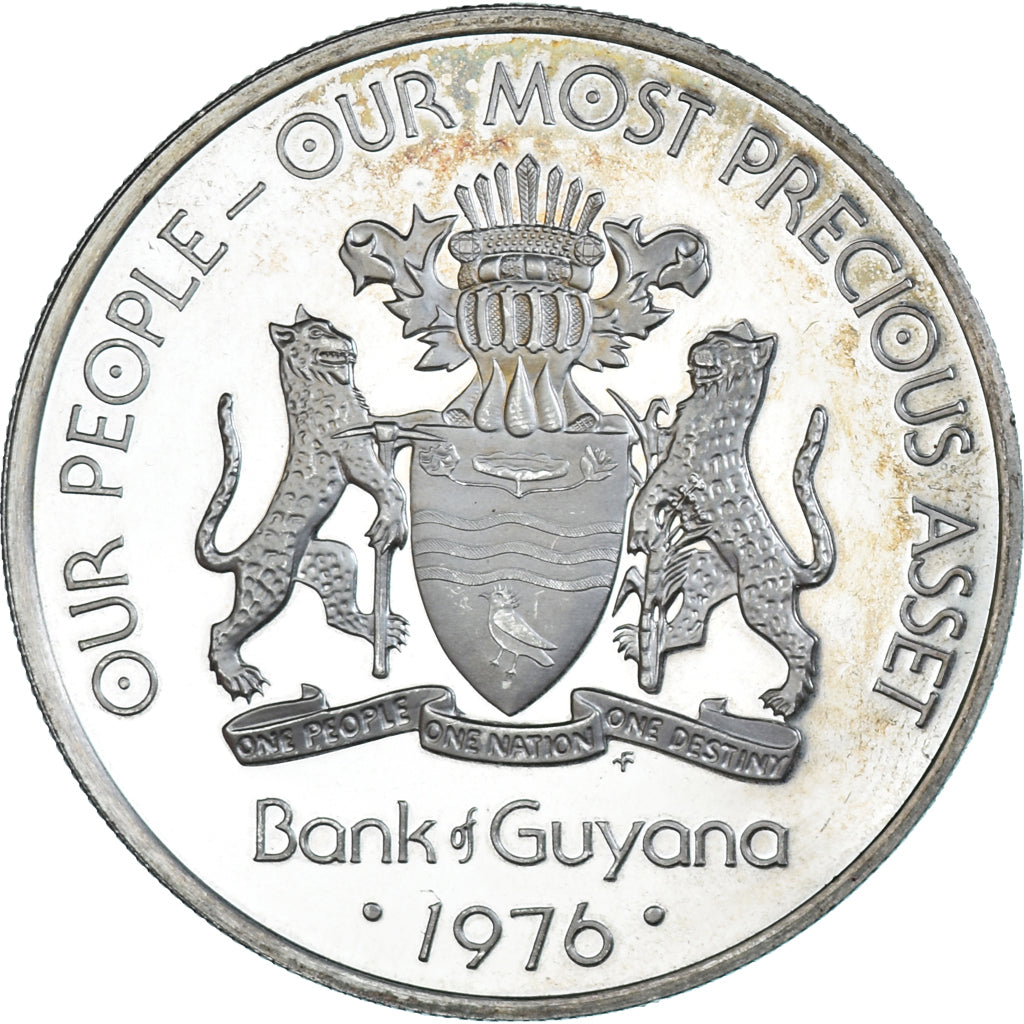 Coin, Guyana, 5 Dollars, 1976, Franklin Mint, BE, MS(63), Silver, KM:43a