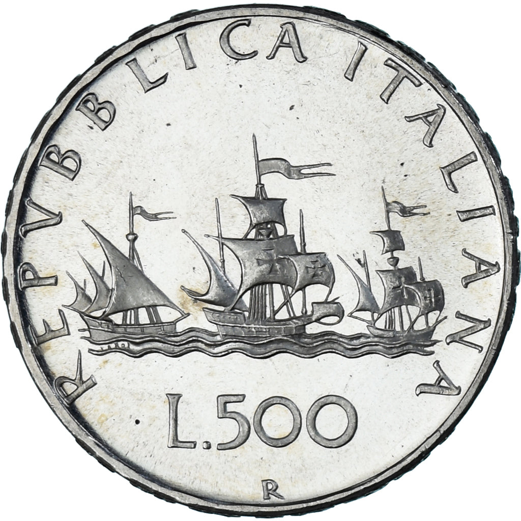 Coin, Italy, 500 Lire, 1968, Rome, Christopher Columbus's ships, the Nina, Pinta