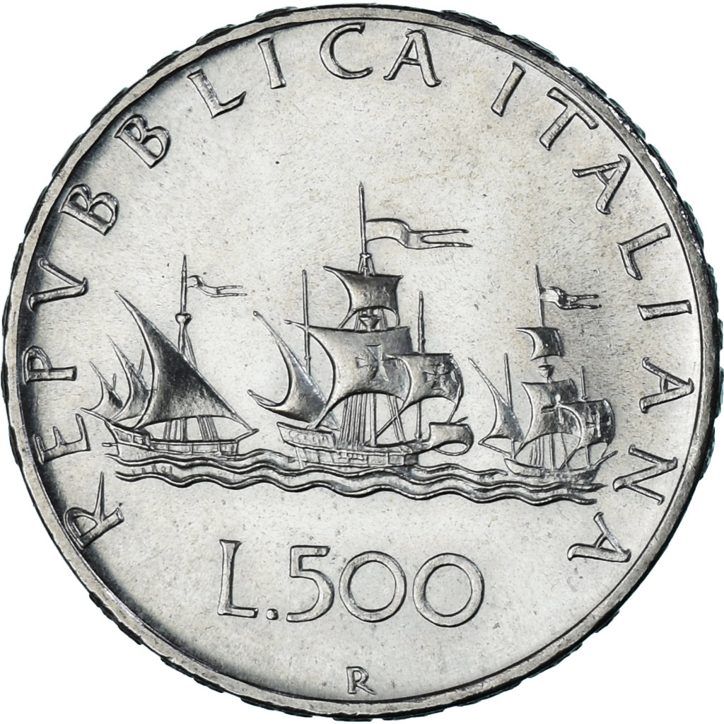 Coin, Italy, 500 Lire, 1968, Rome, Christopher Columbus's ships, the Nina, Pinta