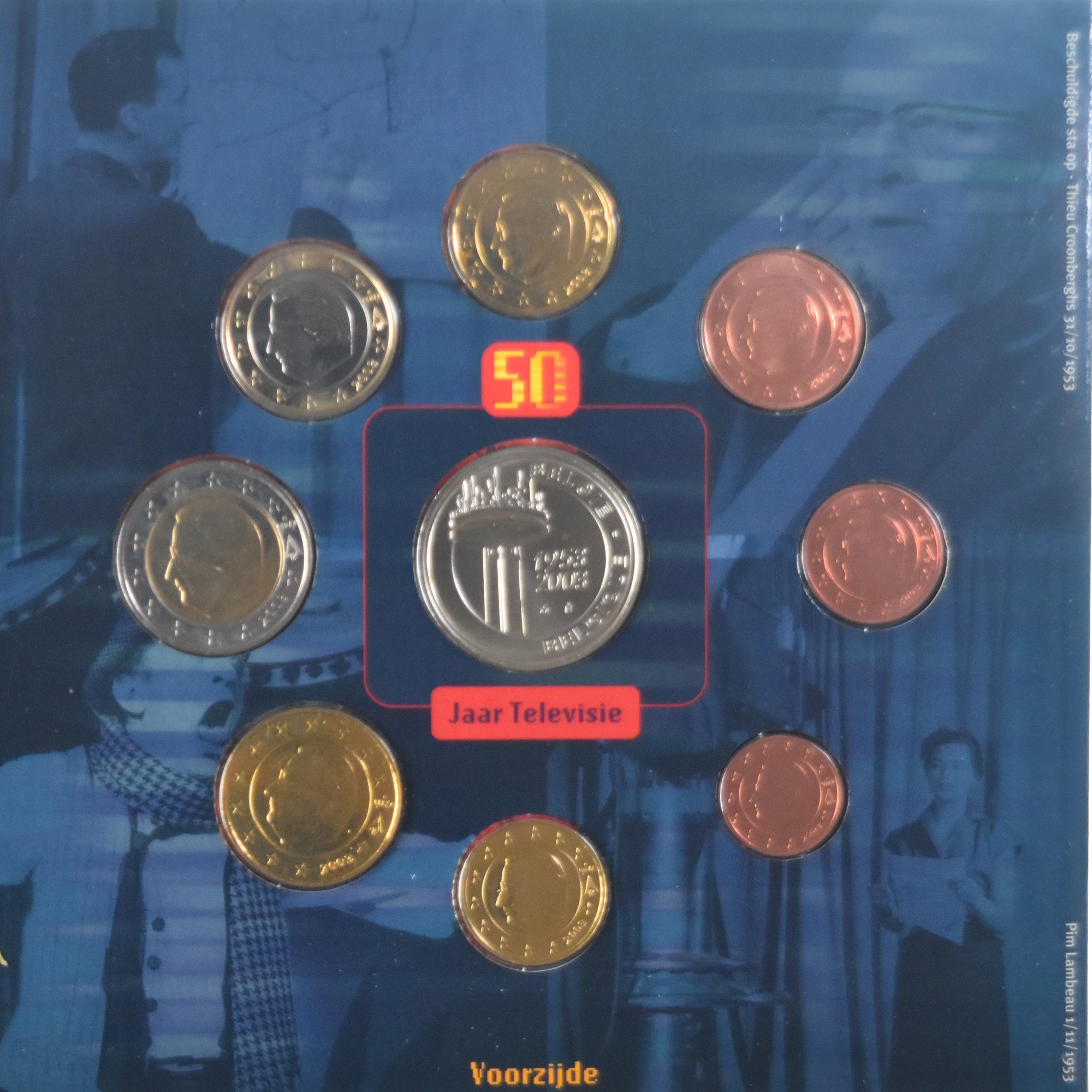 Bélgica, Set Euros, 2003, Brussels, 50 Ans de télévision, MS(65-70), N/D