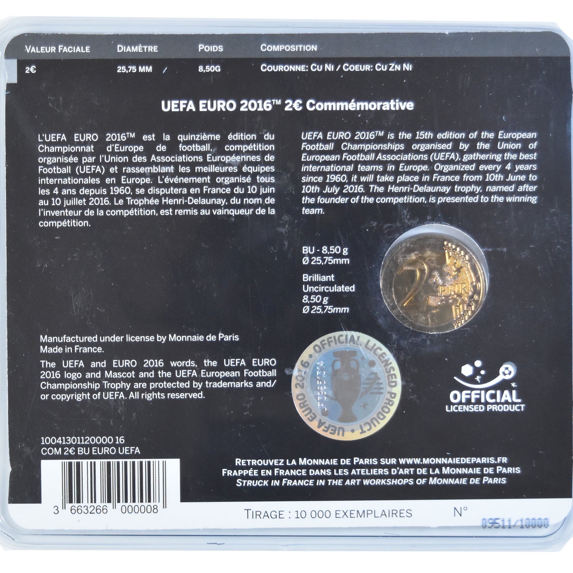 Francja, Monnaie de Paris, 2 Euro, 2016, Pessac, UEFA Euro 2016, MS(65-70)