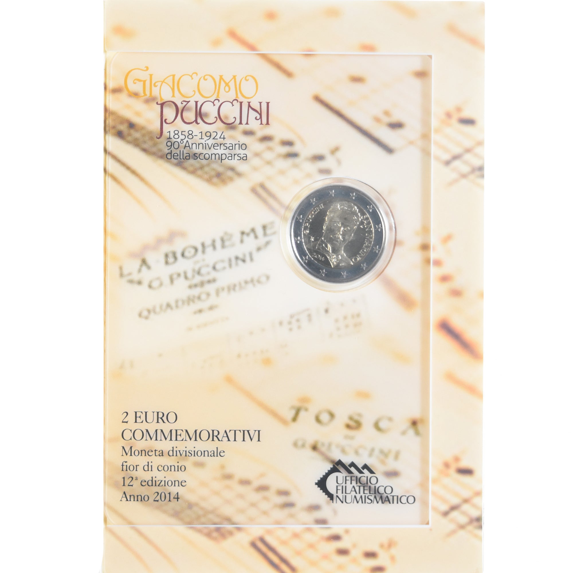 San Marino, 2 Euro, Giacomo Puccini, 2014, Rome, BU, FDC, Bimetálico