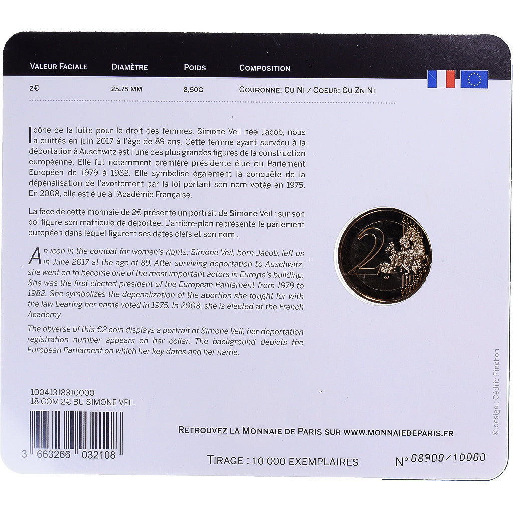 Frankrijk, 2 Euro, Simone Veil, 2018, Monnaie de Paris, BU, FDC, Bi-Metallic