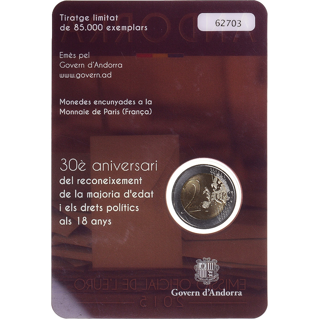 Andorra, 2 Euro, majorité à 18 ans, 2015, Monnaie de Paris, BU, STGL
