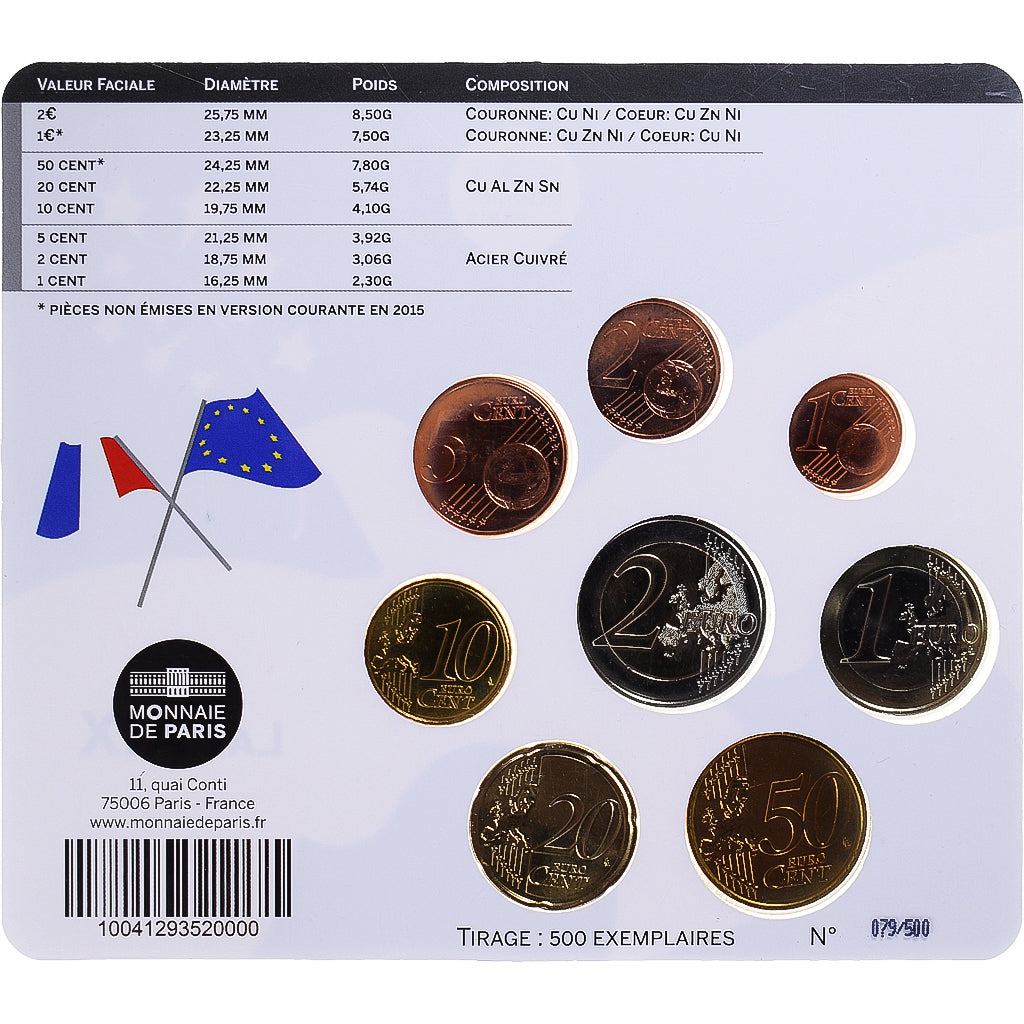 France, Set 8 monnaies Euro, 2015, La PAIX.BU, MS(65-70)