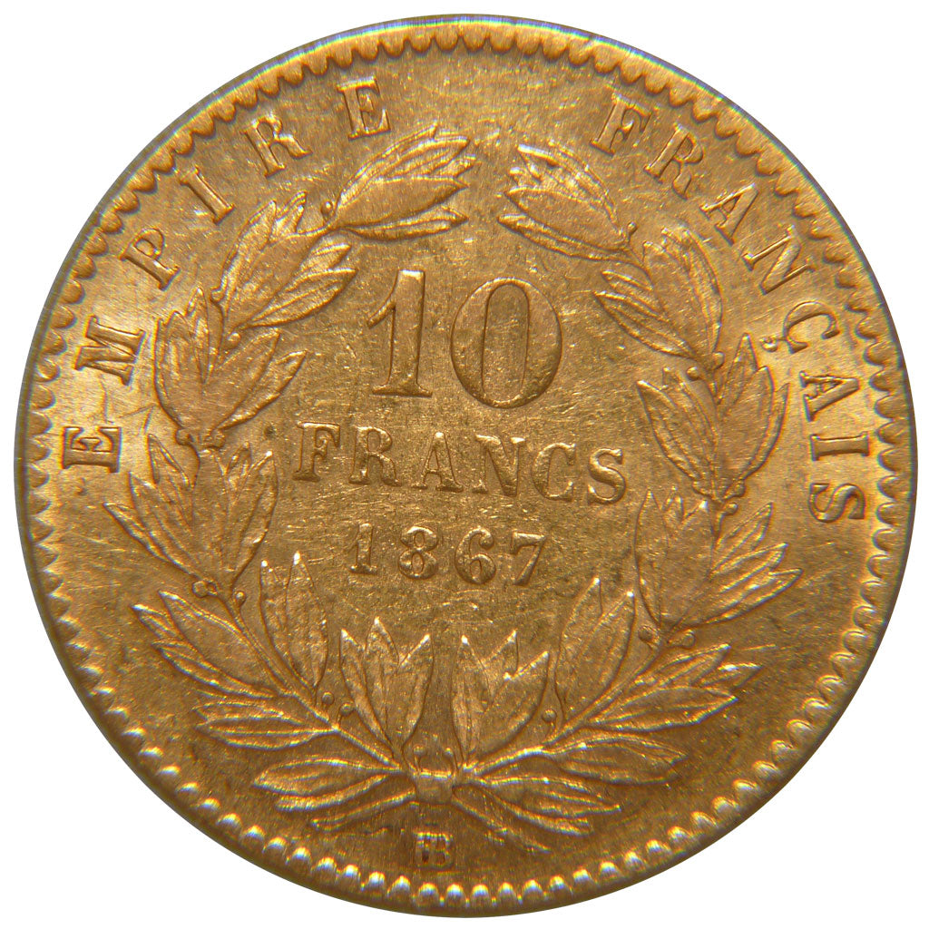 FRANCE, Napoléon III, 10 Francs, 1867, Strasbourg, AU(50-53), Gold, Gadoury #...
