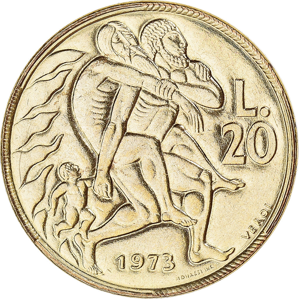Moneta, San Marino, 20 Lire, 1973, MS(65-70), Aluminium-Brąz, KM:26