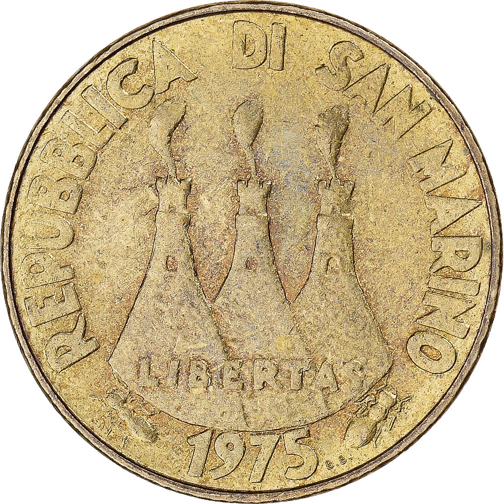 Moneda, San Marino, 20 Lire, 1975, MBC, Aluminio - bronce, KM:44