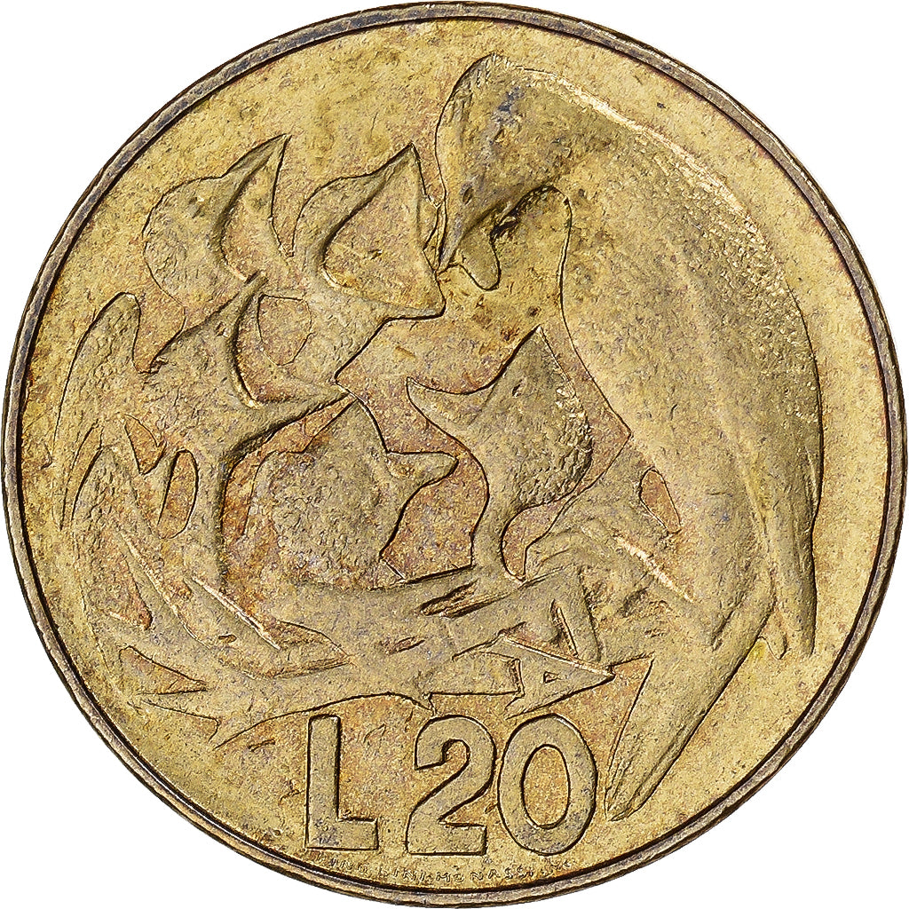 Moneda, San Marino, 20 Lire, 1975, MBC, Aluminio - bronce, KM:44