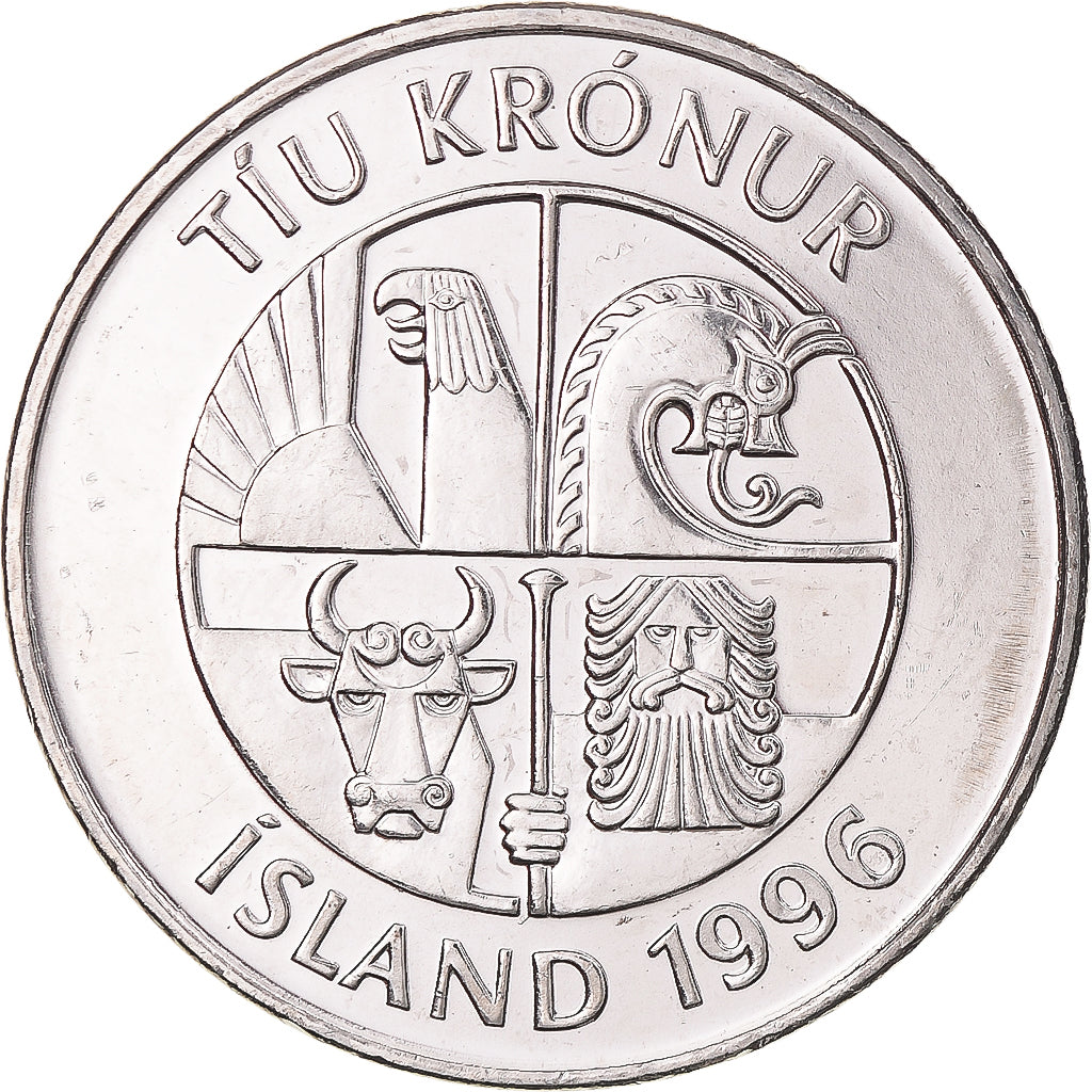 Coin, Iceland, 10 Kronur, 1996, AU(55-58), Nickel plated steel, KM:29.1a