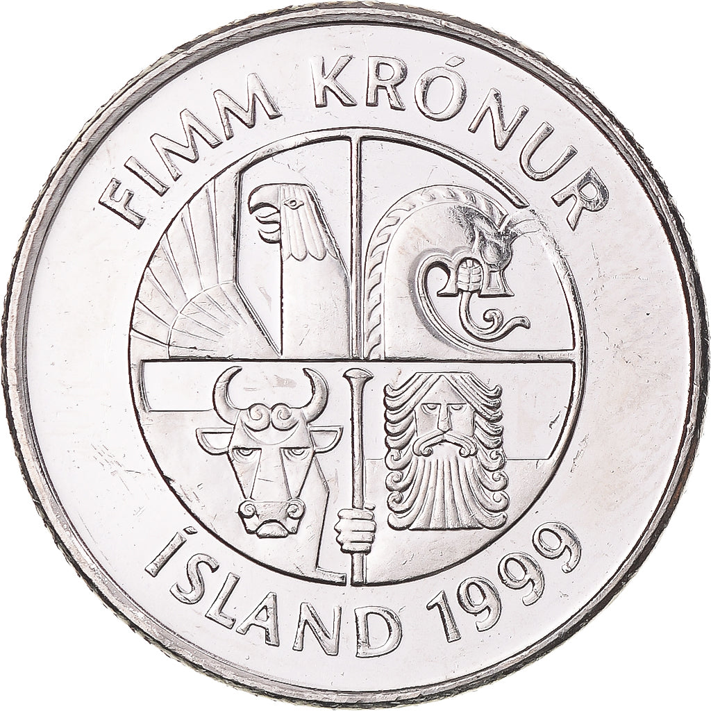 Coin, Iceland, 5 Kronur, 1999, MS(63), Nickel plated steel, KM:28a