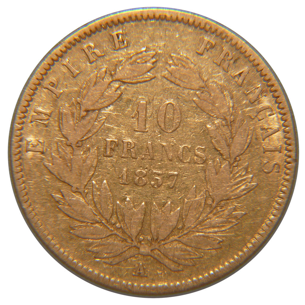 FRANCE, Napoléon III, 10 Francs, 1857, Paris, KM #784.3, VF(30-35), Gold, Gadour